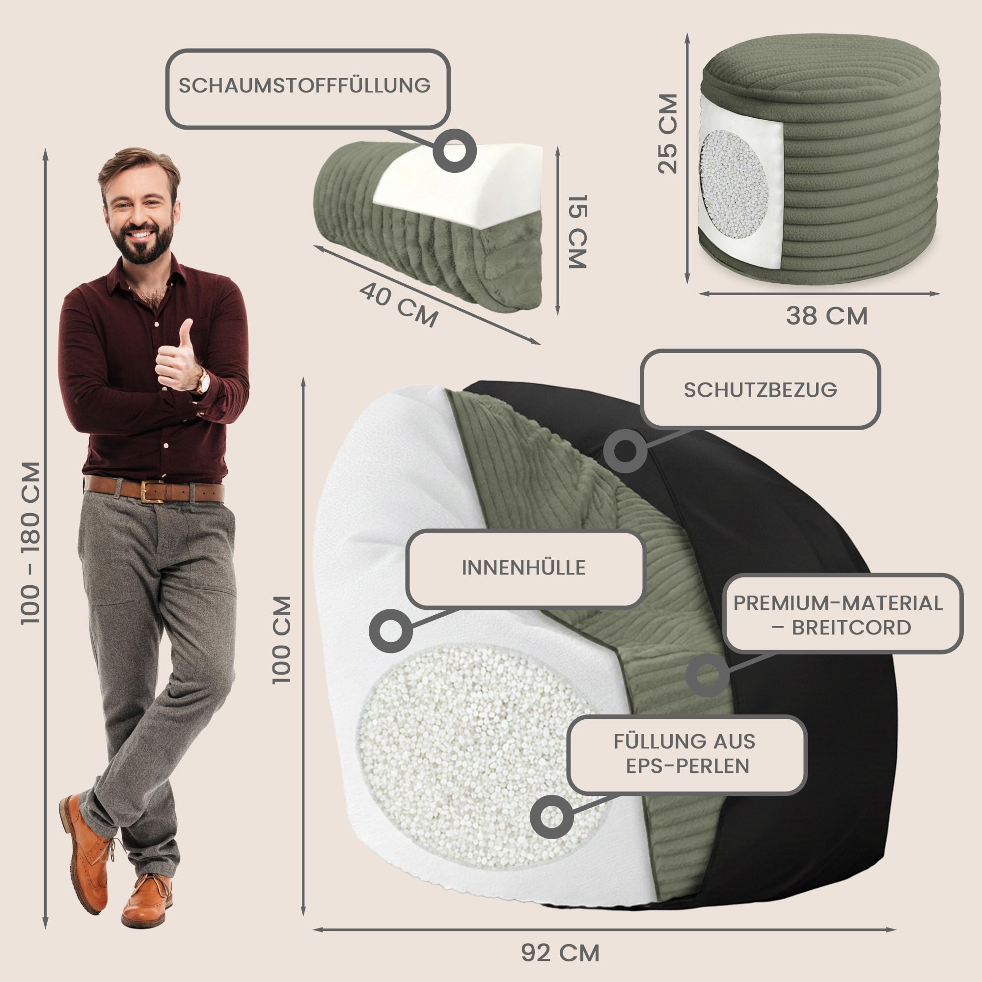 DreamRoots Sitzsack Erwachsene Cord, Sessel mit Hocker, Grün | Bean Bag Chair, Lesesessel, 92x70x100 cm, Kopfstütze & Aufbewahrungstasche, superweich, waschbarer Bezug, 420 g/m²