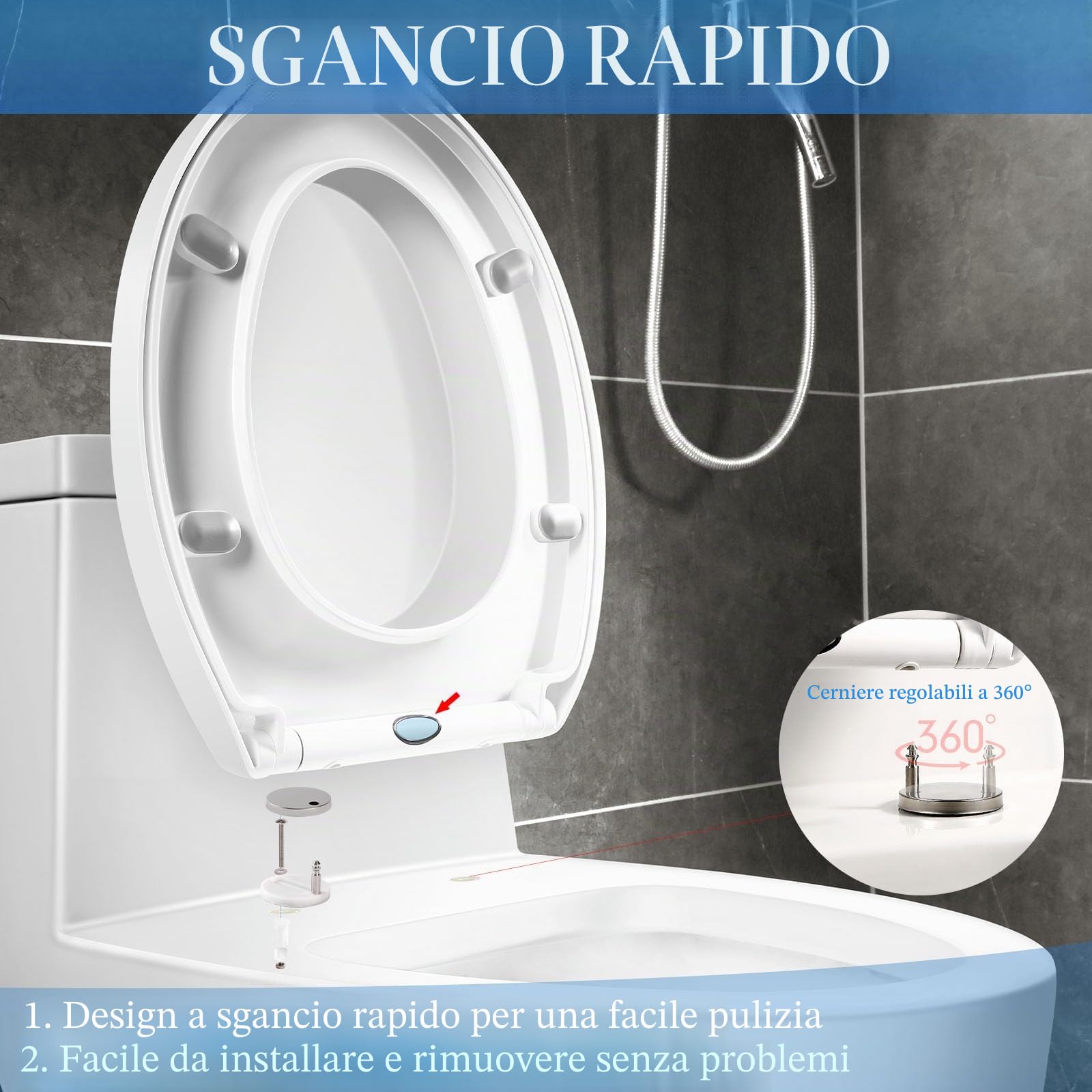 YunNasi - Sedile per WC a forma di D, chiusura rallentata, sgancio rapido e regolabile, dimensioni: 46 * 36 cm