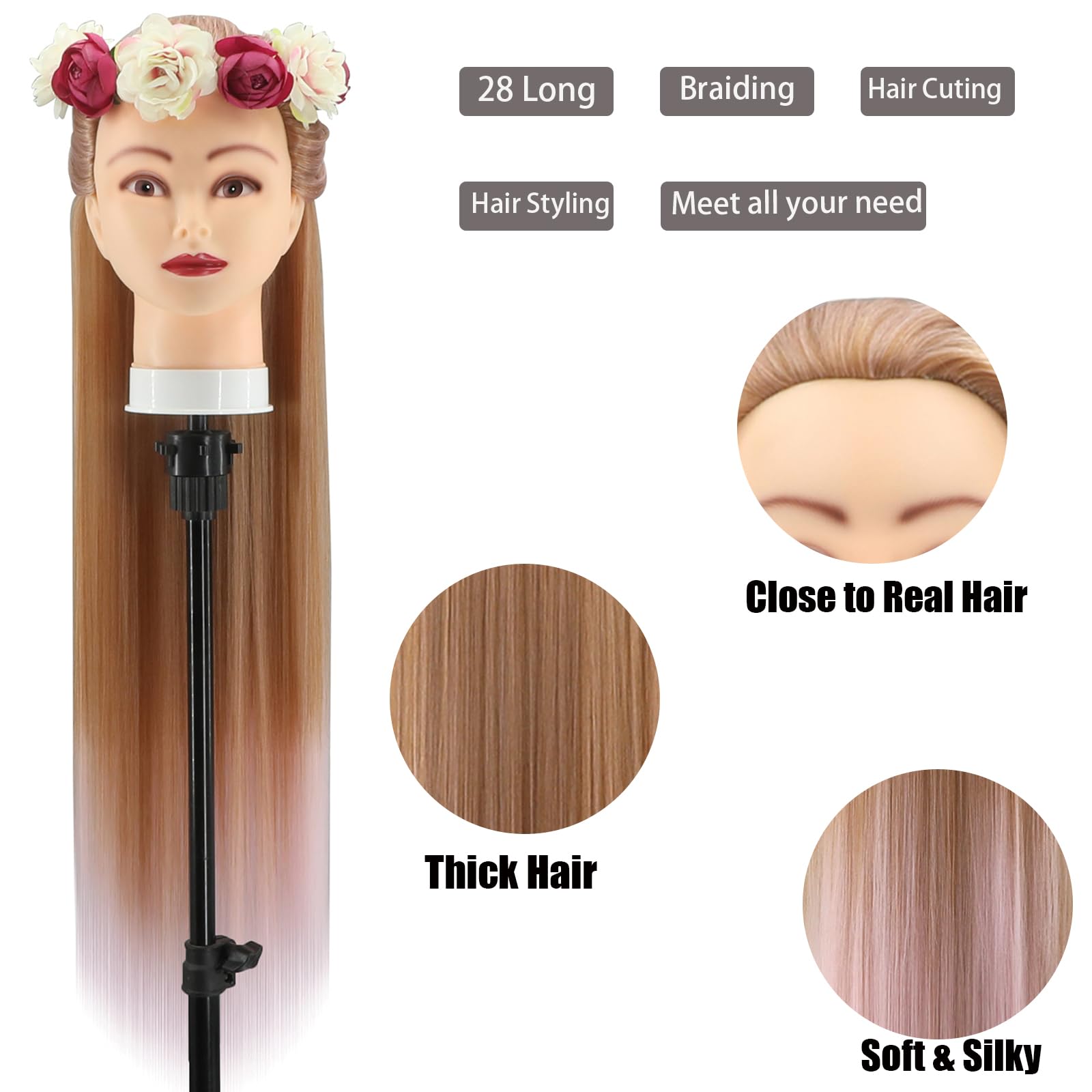 Trainingsköpfe, 28 Zoll Frisierkopf für Friseure, 100% Kunstfaser Haar Übungskopf, mit DIY Strickset und kostenlosen Tischklammern (30-Pink)