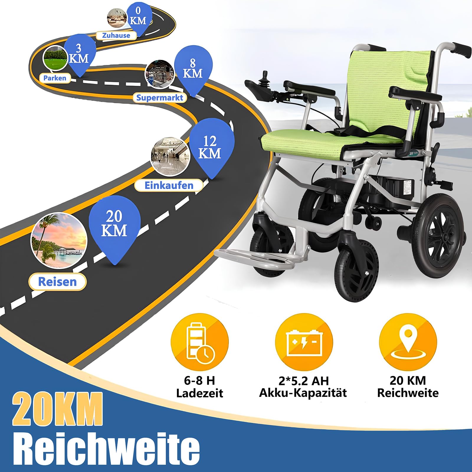AMITD Elektrischer Rollstuhl Faltbar Leicht Luftfahrt-Zertifizierung, Elektrorollstuhl - 15 kg 20 km 400 W bis 120 kg, mit Doppelsteuerung 2 Li‑Akkus Intelligente Bremse, für Indoor & Outdoor Reise