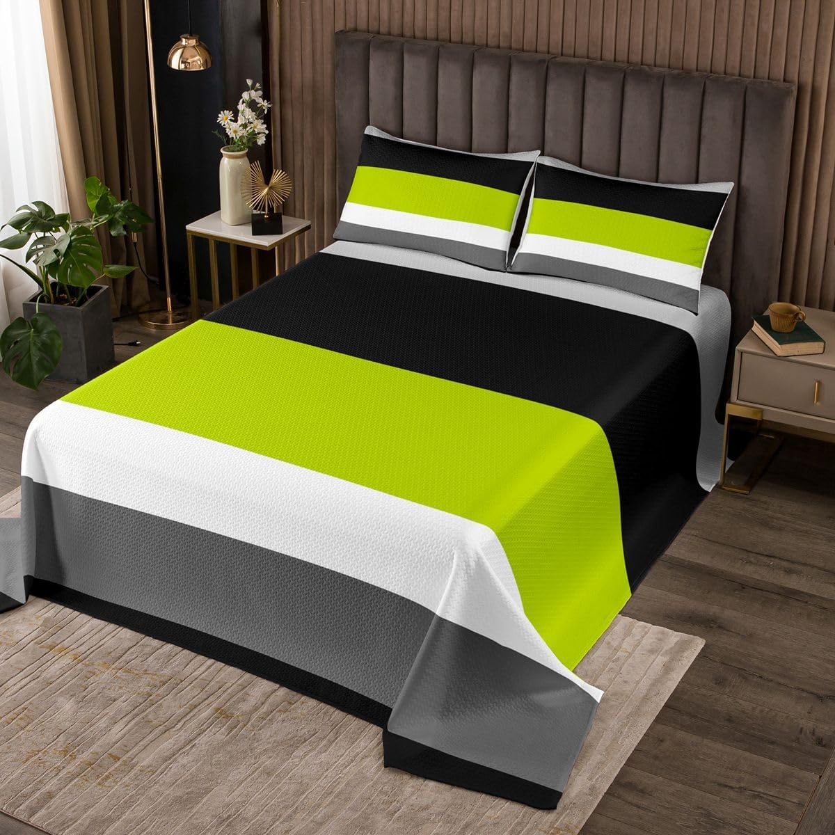 Erosebridal Geometric Quilted Bedding Green Black Gray Quilt Set Queen Modern Patchwork Striped Bedspread for Kids Boys Teen,Lines Coverlet Set Rustic Home Room Decor 3 Pcs