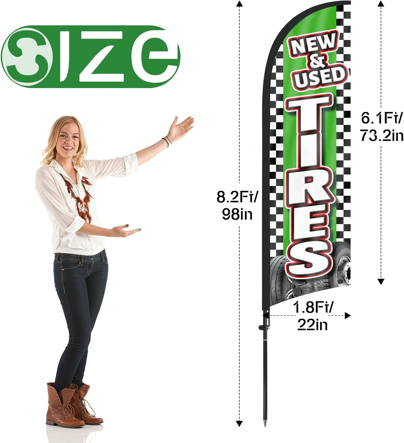 New&Used Tires Advertising Swooper Flag Banners, New Used Tires Feather Flags with Pole and Ground Stake, 8FT Advertising Feather Banners Sign for New Used Tires Business