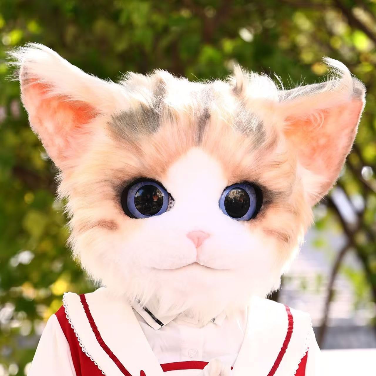 Realistic Cat Head Fursuit Mask, White and Gray Plush Costume with Blue Eyes, Professional Cosplay Mascot