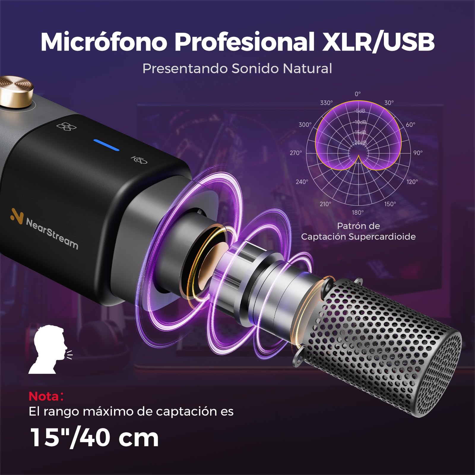 NearStream Micrófono USB/XLR de Condensador Supercardioide Compatible con MAC, PC, PS4/5, Discord, Audio Mixer, Micrófono Dinámico con Mute&Ganancia Audio& Reducción de Ruido& Monitoreo de Audio,AM20X
