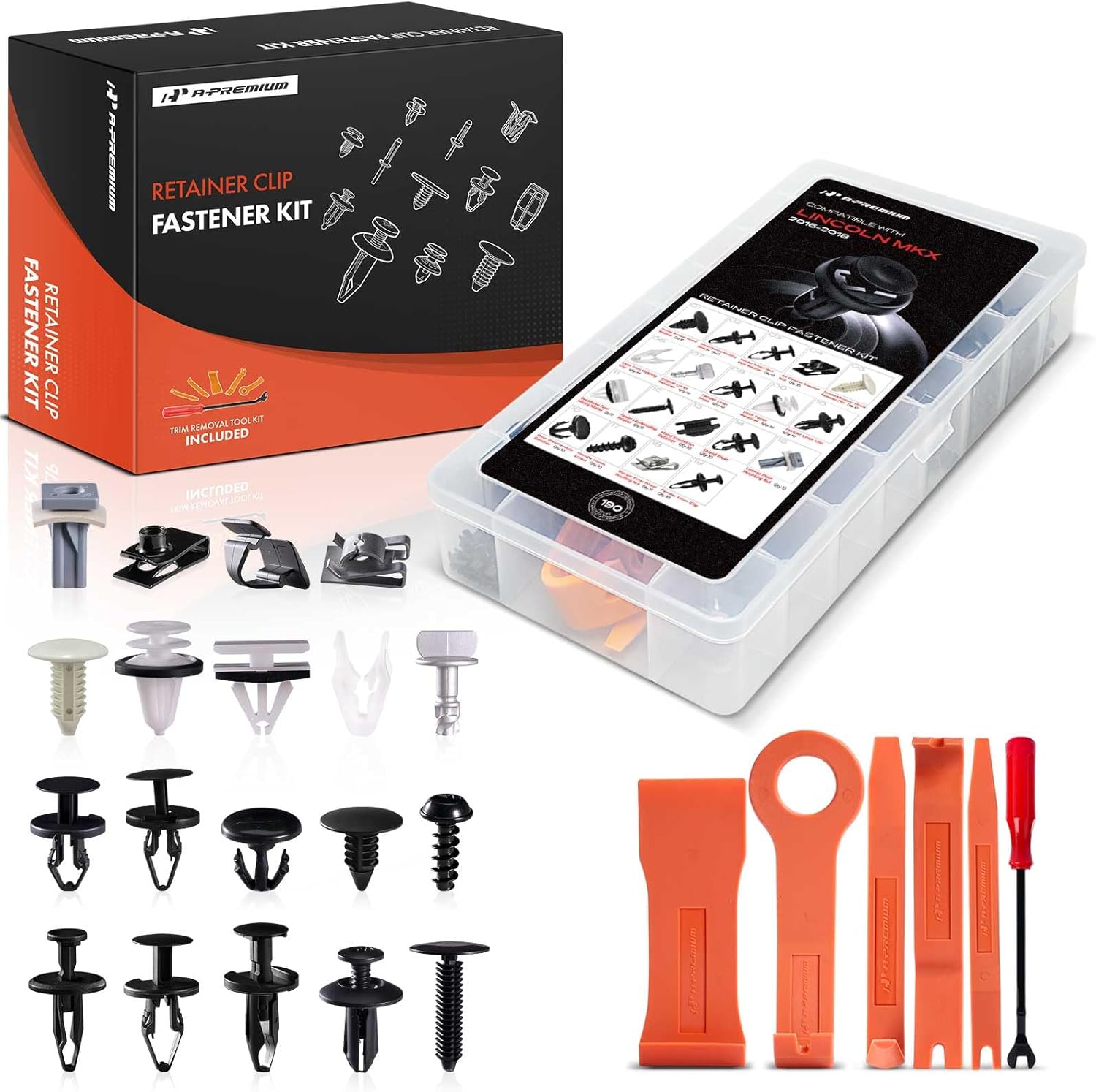 A-Premium 190PCS (18-Type) Car Retainer Clips Kit Compatible with Lincoln MKX 2016 2017 2018 Bumper Fender Cover Door Trim Auto Push Pin Plastic Rivet Fastener Replacement Set, w/Removal Tool