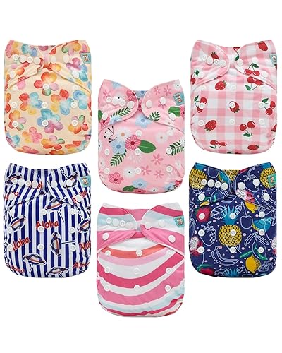 Miniatura 11 de ALVABABY Pañal de tela para bebé, paquete de 6 con 12 insertos, fundas de pañal de tela de tamaño único, ajustables, lavables, reutilizables, para