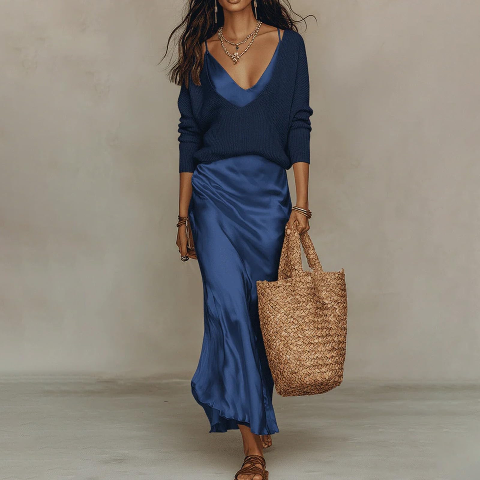 Maxi abiti estivi da donna in raso, set da 2 pezzi, con scollo a V, in seta, a maniche lunghe, leggero, fluido, formale, comodo, alla moda, per tutti i giorni, vestiti in tinta unita per uscire