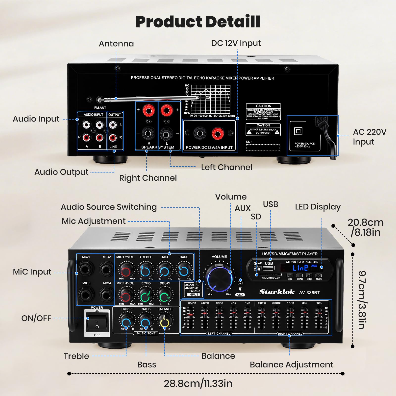 Amplificateur HiFi Stéréo Bluetooth 600W Ampli Bluetooth avec Télécommande | 2 Canaux avec Égaliseur 5 Bandes, Récepteur Audio HiFi, FM USB SD AUX, Amplificateur Audio Karaoké pour Home Studio,AC/DC 12V