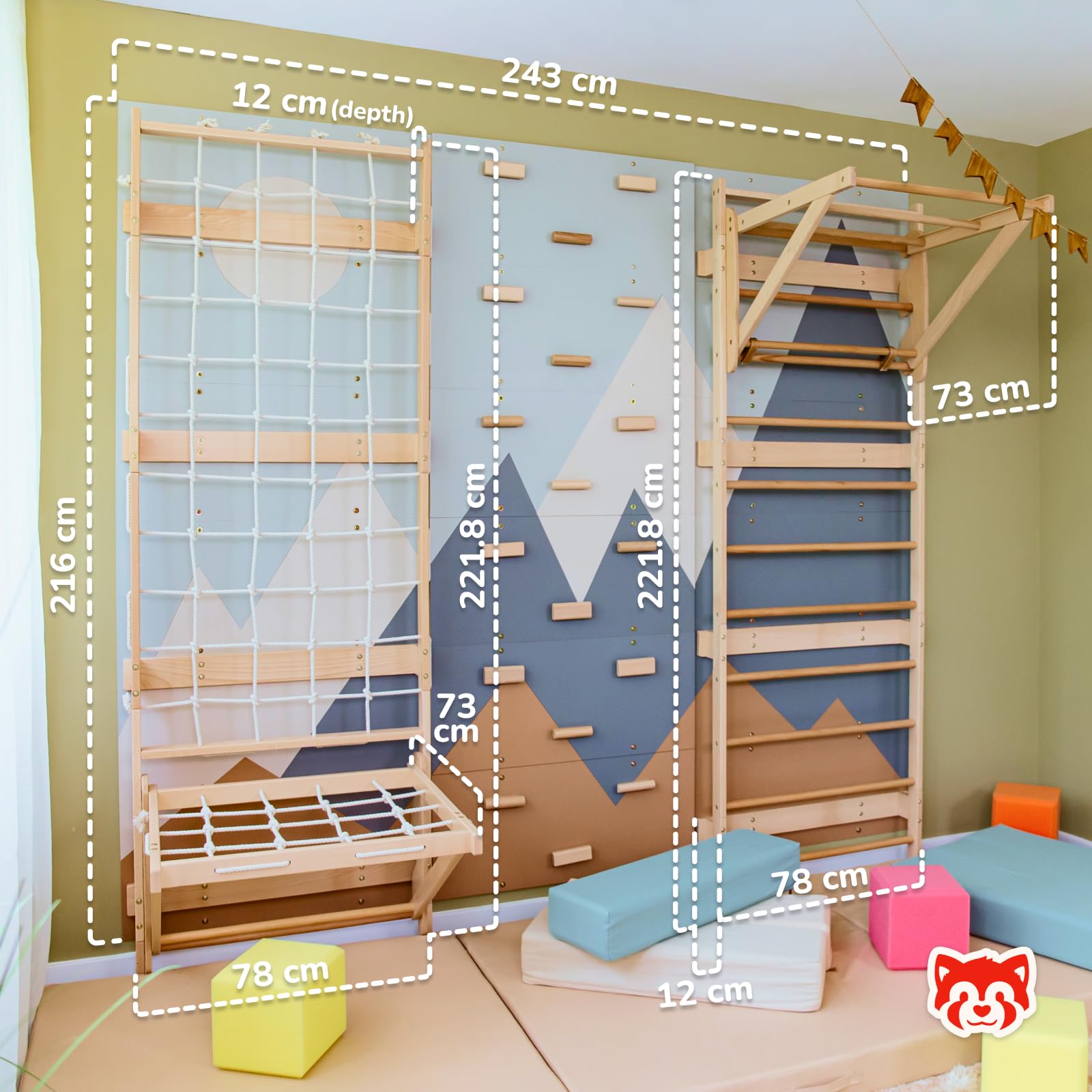 Wood And Hearts Sprossenwand, Klettergriffe, Kletterwand kinderzimmer, Klettern, Indoor Spielplatz, Klettersteine, Baby Klettern Indoor, Spielplatz (Kletterwand-Gym + Sit-Up-Stange)