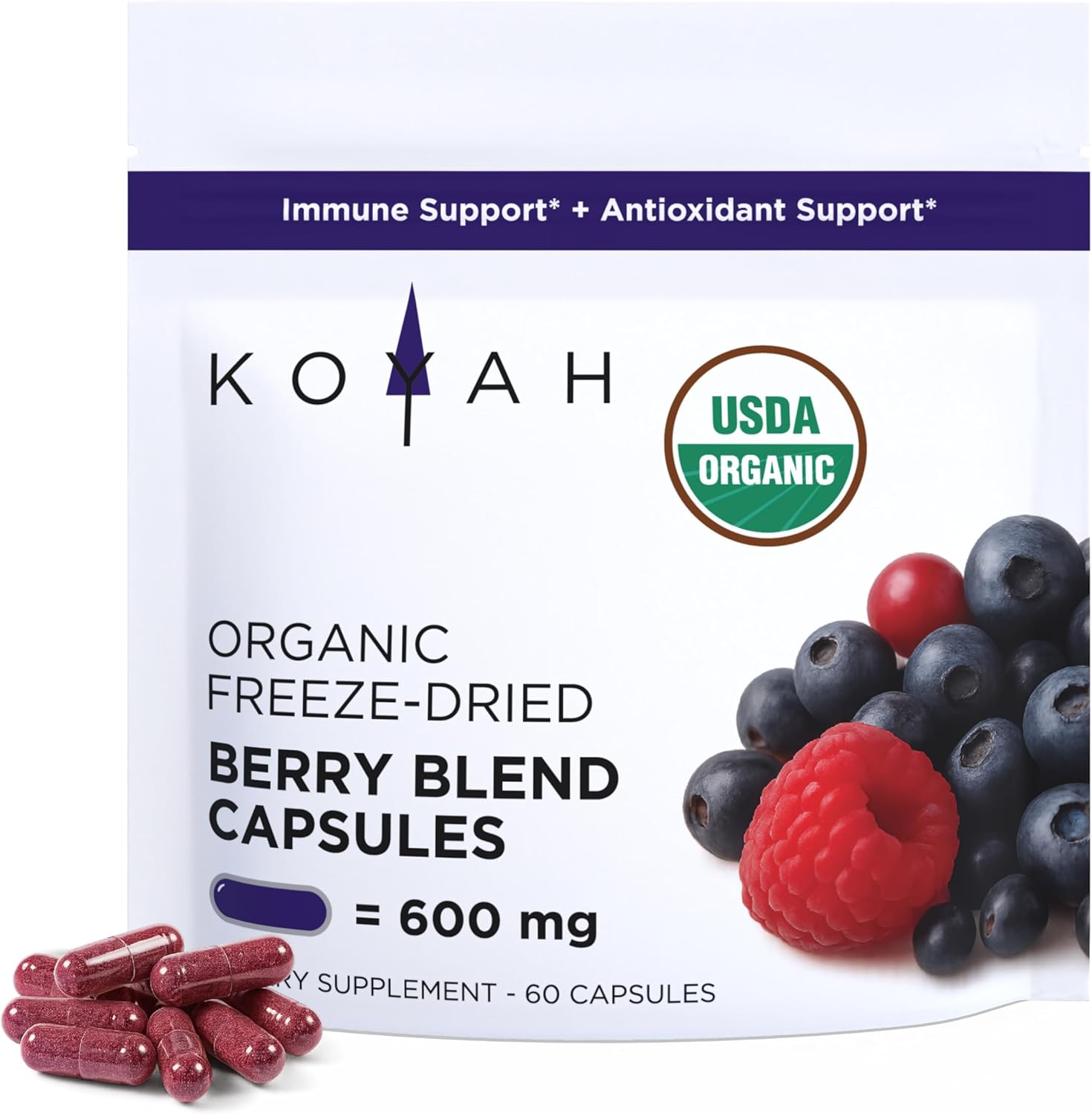 KOYAH - Organic Berry Blend Capsules – Antioxidants & Polyphenols - 600 mg - Freeze-Dried (7.1x Concentrated) - Vegan, Non-GMO, Allergen-Free, Gluten-Free, 100% Whole-Berry - 60 Capsules