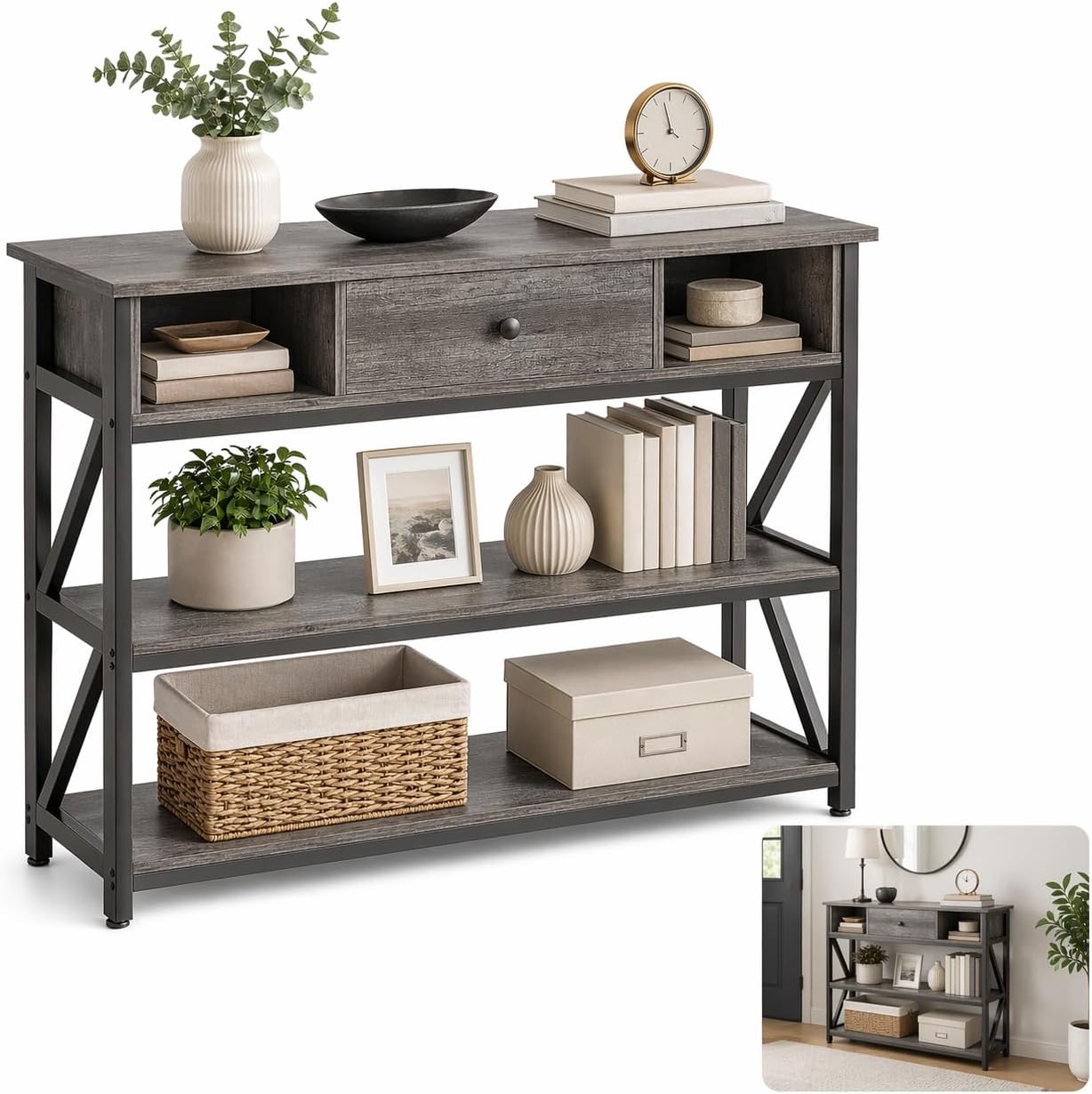 SKY-TOUCH Console Table, Entryway Table with 3-Tier Storage Shelves Boxes, Industrial Wooden Hallway Coffee Table for Living Room, Sofa, Foyer, Kitchen Countertop (Gray Oak, 100×30×79cm)