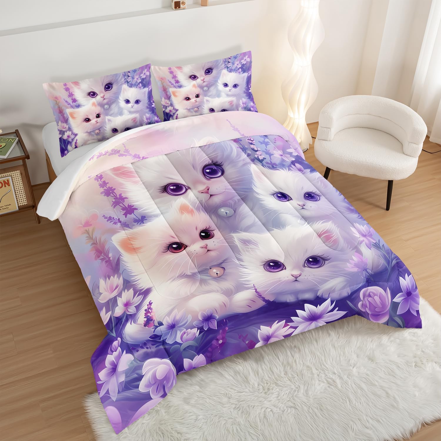 Cat Comforter Set Toddler Bedding Set Twin Size,Floral Bedding Animal Themed Comforter Sets for Kids Girls Bedroom Decor Aesthetic,Cute Kids Bedding Comforter Sets with 2 Pillowcases.
