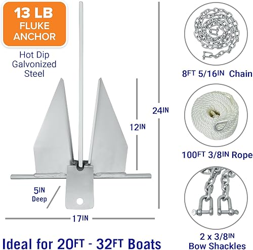 Miniatura 6 de Kit de anclaje para lancha pesada Fluke Anchor con cadena de anclaje y cuerda de anclaje para lancha para incluir anclajes de barco para barcos de
