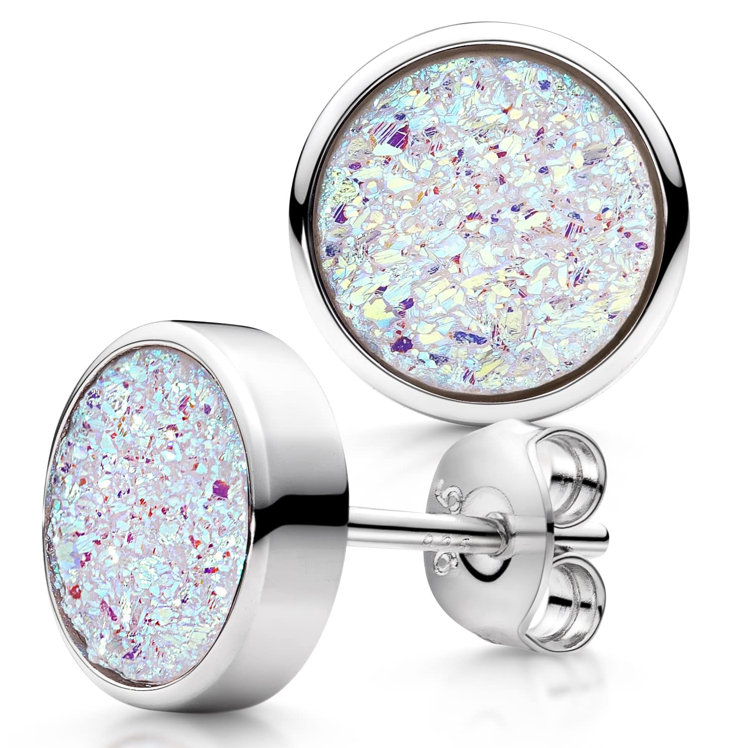 Druzy SO-74 - Pendientes de cuarzo para mujer, con piedras preciosas, redondas, plata 925, 9 mm, Plata de ley, ópalo, cuarzo