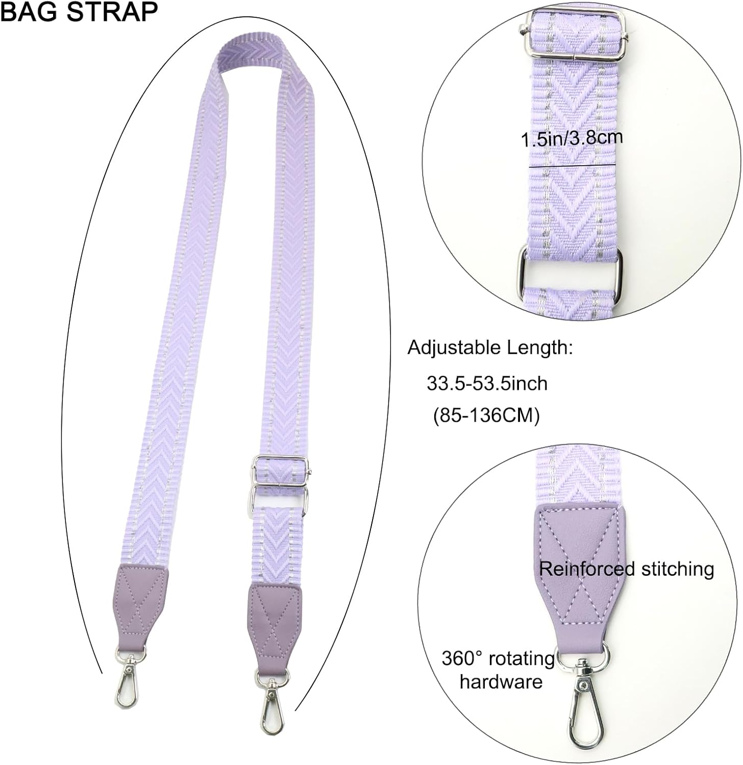 Adjustable Purse Strap with Purple Leather End - 1.5" Wide Handbags, Camera, Guitar, Phone & Crossbody Bag Replacement Shoulder Straps(Silver Hardware) - Image 2