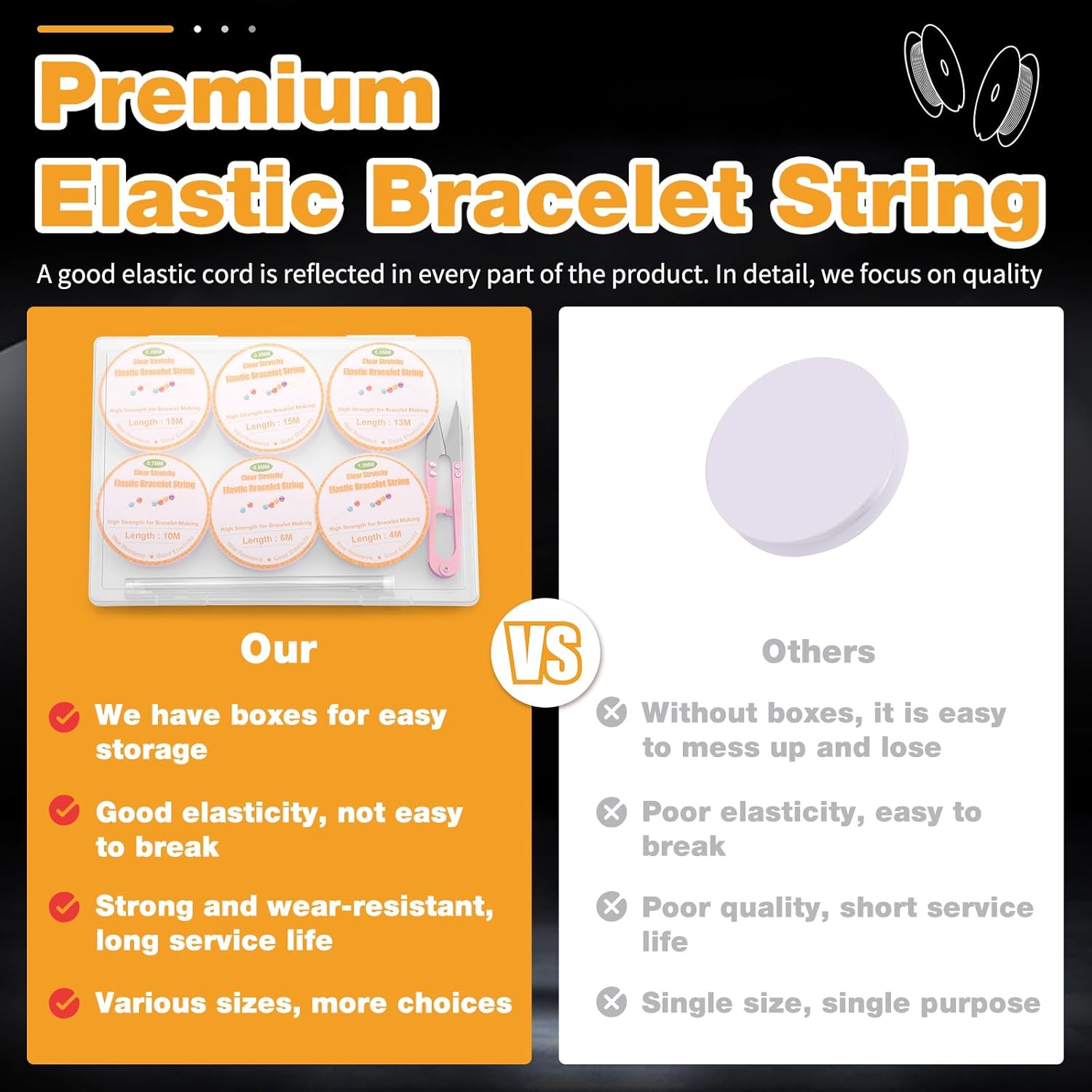 Bupete 6 Rolls Elastic String for Bracelets, 0.4mm, 0.5mm, 0.6mm, 0.7mm, 0.8mm, 1mm Stretchy Bracelet String, Friendship Bracelet String with Scissors, Beading Needles for Bracelets - Image 7