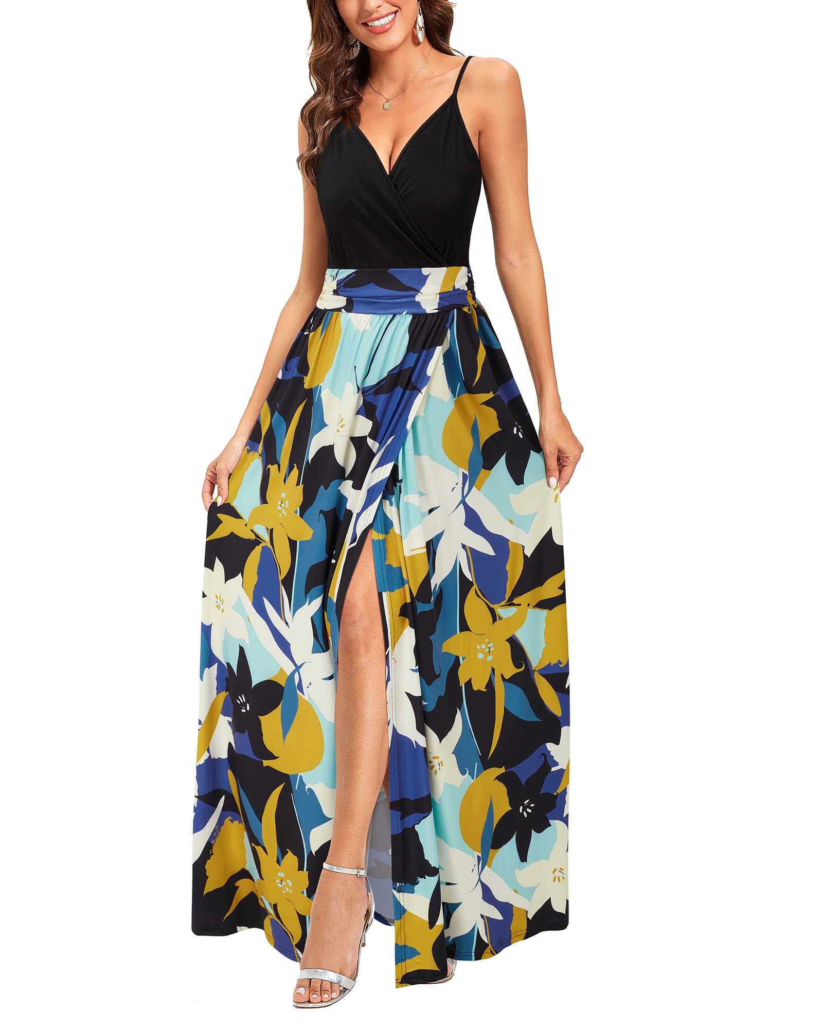 Newshows Vestido de Verano para Mujer Cuello en V Abertura Largo Maxi Elegante para Invitada de Boda
