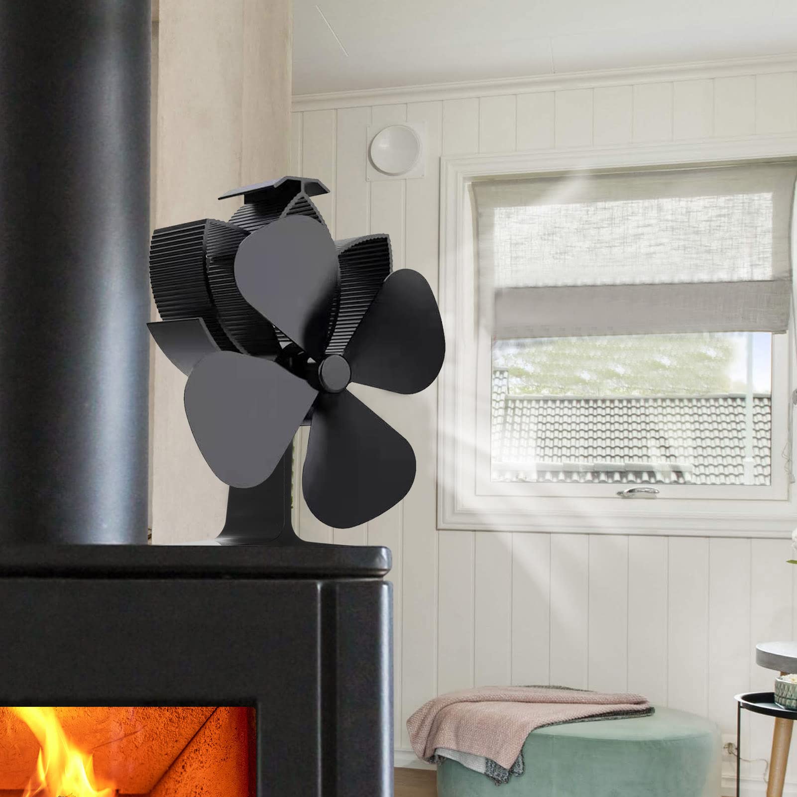 Fdit Ventilatore per Camino, Ventola per Stufa a Risparmio Energetico con 4 | Struttura in Allumina, per Stufe a Legna 50-350°C, Silenzioso Sotto 25 DB