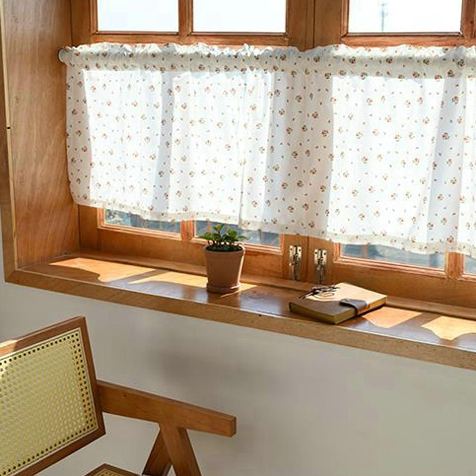 Scheibengardinen 1er Set Kurz,1 x 200W x 50H cm,Scheibengardine Kurz Weiß Blumen Muster Rod Pocket Vorhange