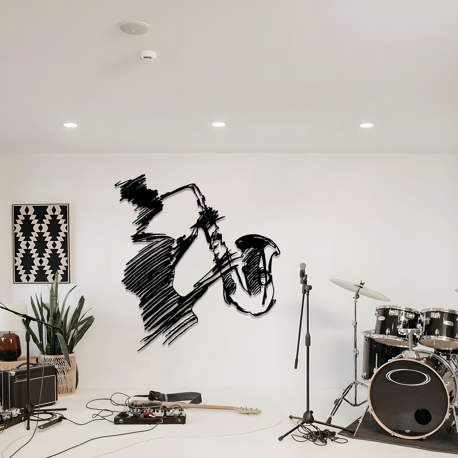 Decorazione da Parete in Metallo con Sassofono, Musica Astratta, Decorazioni con Linee astratte, Decorazione da Musicista, Cartello Jazz per Soggiorno, Studio (Argento 20