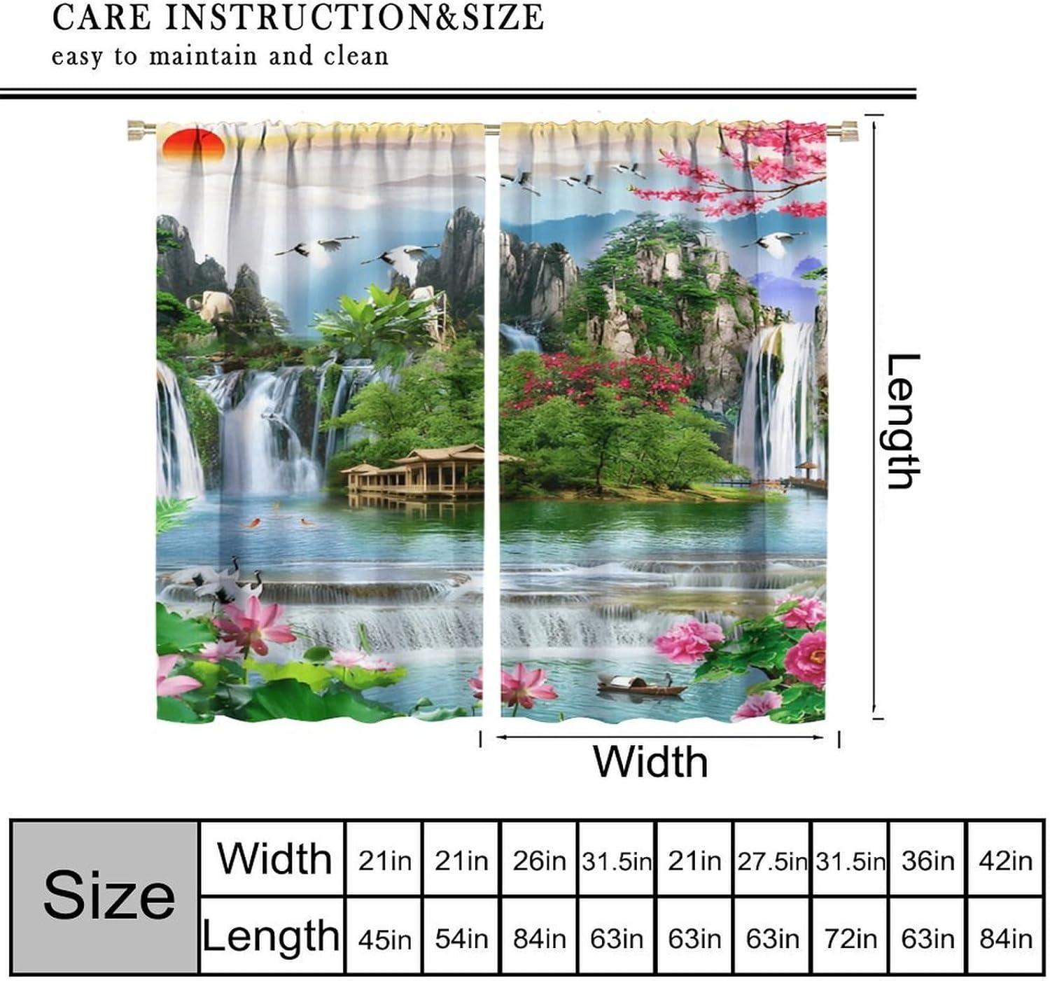 Fantastic Waterfall Blackout Curtains, Oriental Scenic Lotus Flower Mountain Window Treatment, Rod Pocket Darkening Drapes for Bedroom Living Room Kitchen, 42" W X 45" L