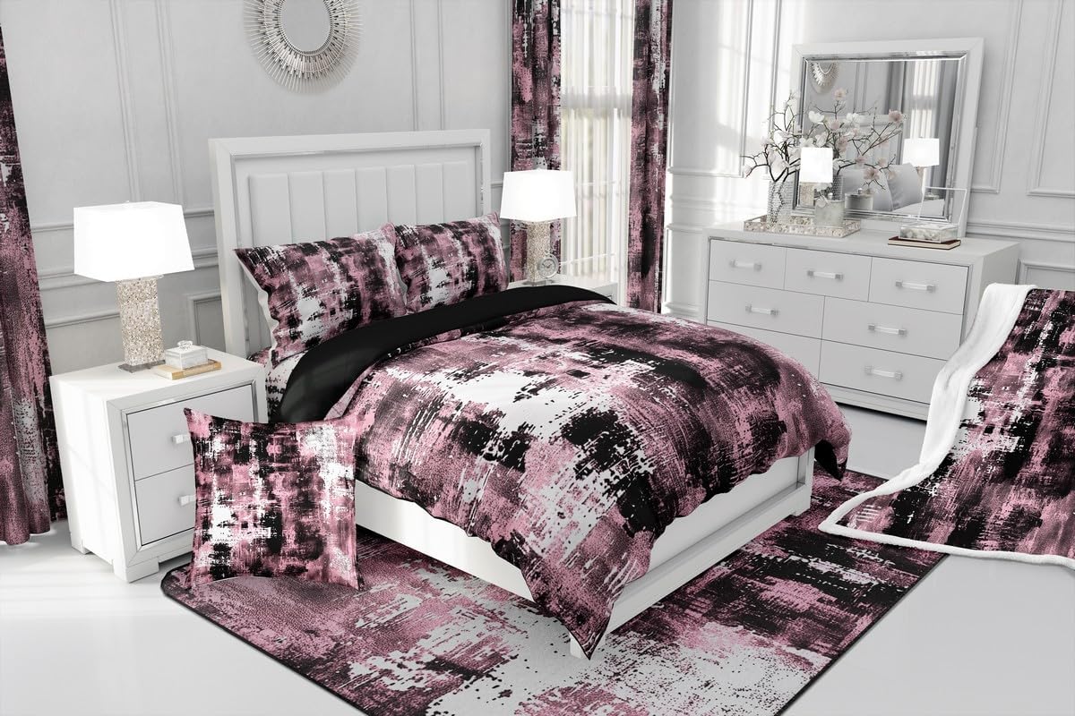 Feelyou Abstract Kids Comforter Set Queen Size Modern Abstract Art Bedding Set Black Pink Duvet Quilt for Kids Boys Girls Bedroom Luxury Decor Geometric Microfiber Ultra Soft Breathable