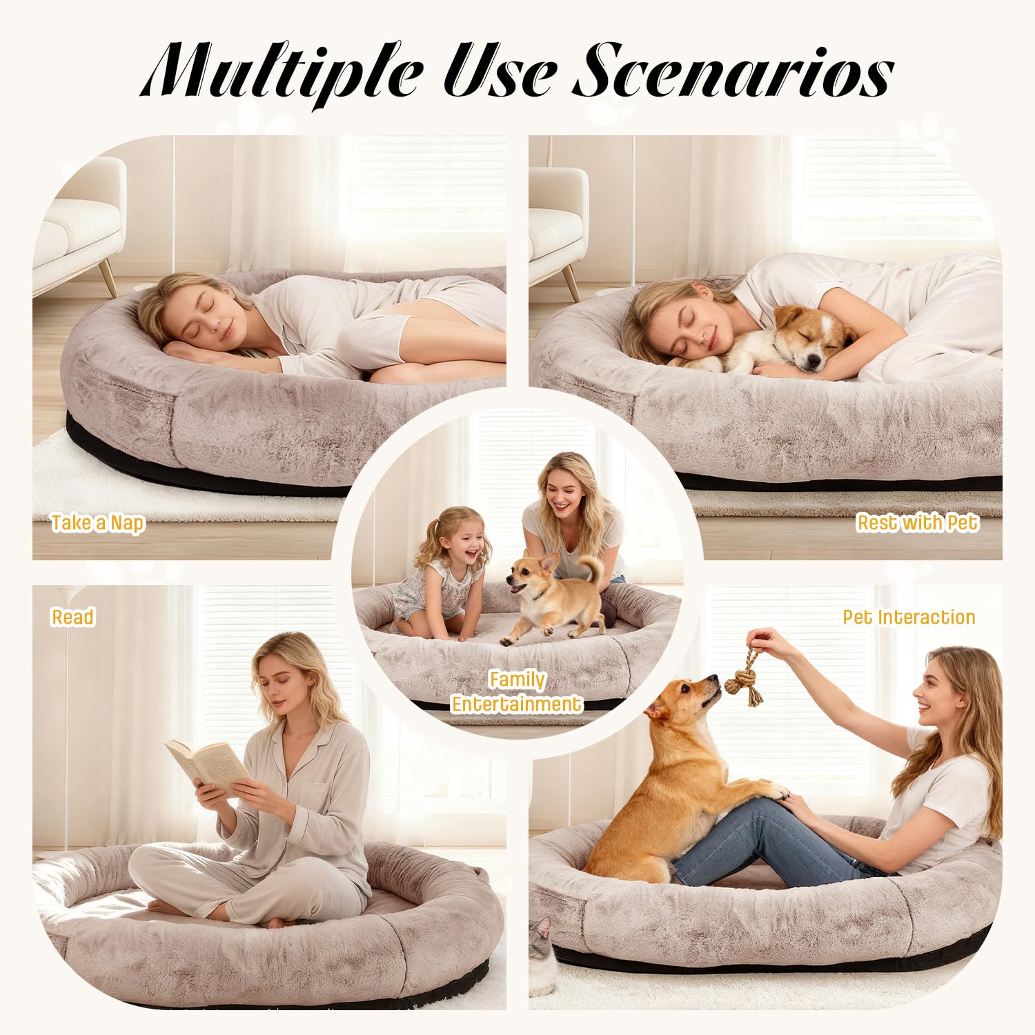 FURRYFECTION Cama para Perros para Personas, 180x114x35,6cm, Cama Grande para Perros de tamaño Humano para Adultos y Mascotas, Funda de Piel sintética Lavable, Cama Gigante para Siesta con Manta