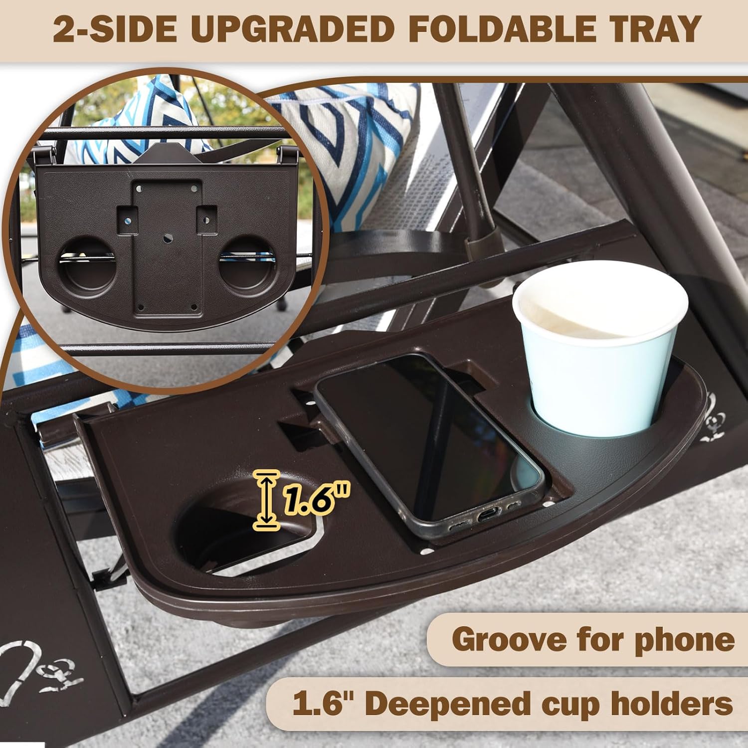 3 Person Patio Swing Outdoor Swing for Adults with Adjustable Canopy &Upgraded Cup Holders Textilene Fabric Porch Swing Chair with Stand Heavy Duty 800 LBS