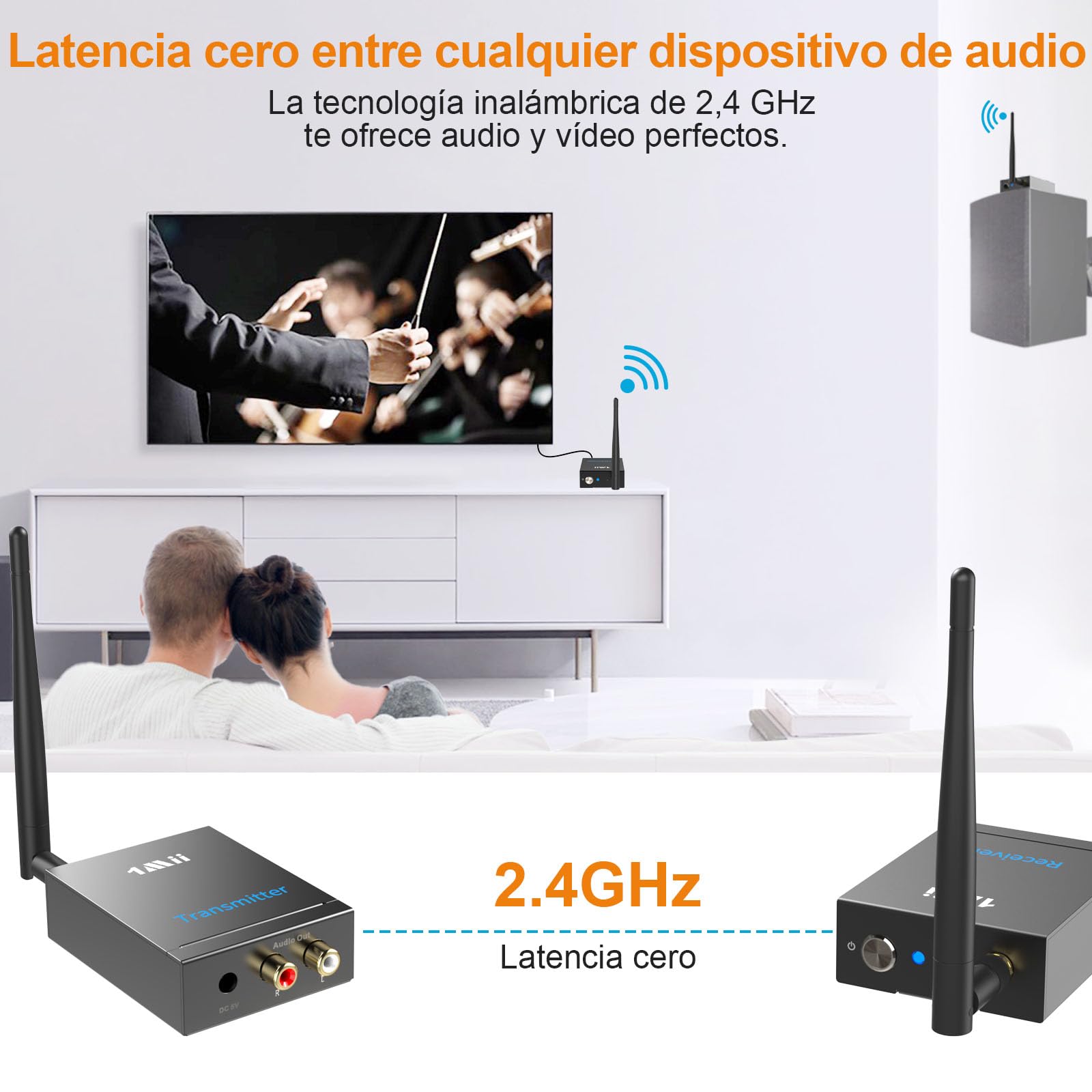 1Mii Transmisor Receptor Inalámbrico Audio HiFi (1TX+1RX), 2.4GHz Adaptador Emisor Audio Largo Alcance 100m, 20ms Baja Latencia Desde TV/PC a Altavoz Activo/Subwoofer/Barra de Sonido, Salida AUX/RCA
