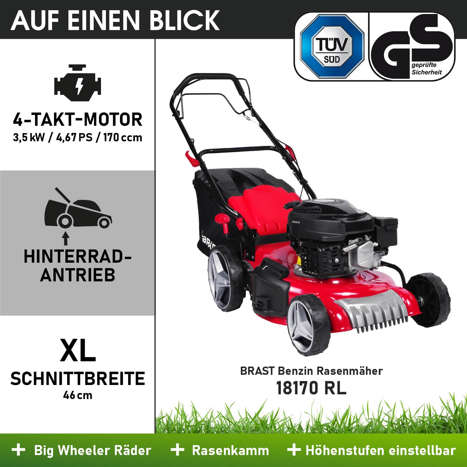 BRAST Benzin Rasenmäher mit Antrieb | 3,5kW (4,76PS)-5,2kW(7PS) | 46-51cm Schnittbreite | viele Modelle | TÜV | 4 Takt OHV Motor | 30-80mm Schnitthöhe | 60L Fangkorb | Stahlgehäuse | RED LINE 4,76PS