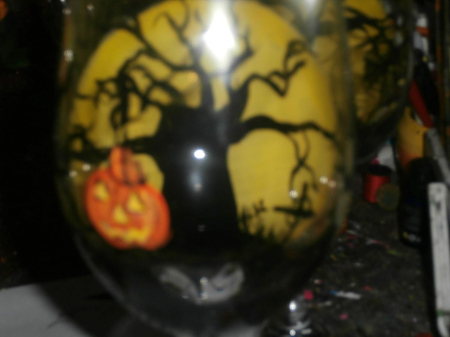 Hand painted glow in the dark graveyard scene white wine goblets. set of 4 20 ounce red wine gobblets. usa, Blacklight keychain included