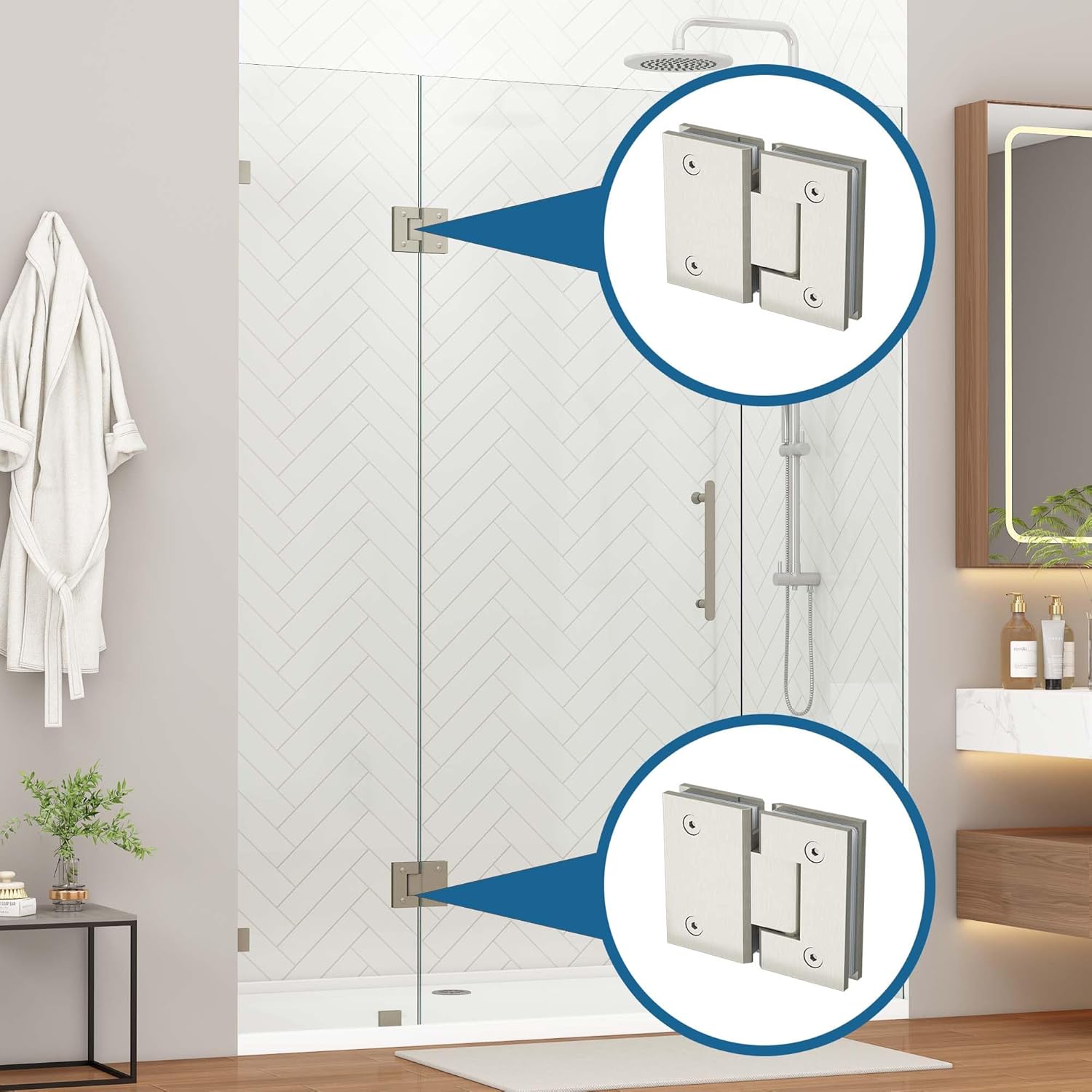 180 Degree Brass Glass Shower Door Hinges, Heavy Duty Brushed Nickel Glass Door Hinge for Bathroom, 1 PCS Brass Shower Door Hinges for 5/16" to 1/2" Frameless Shower Door