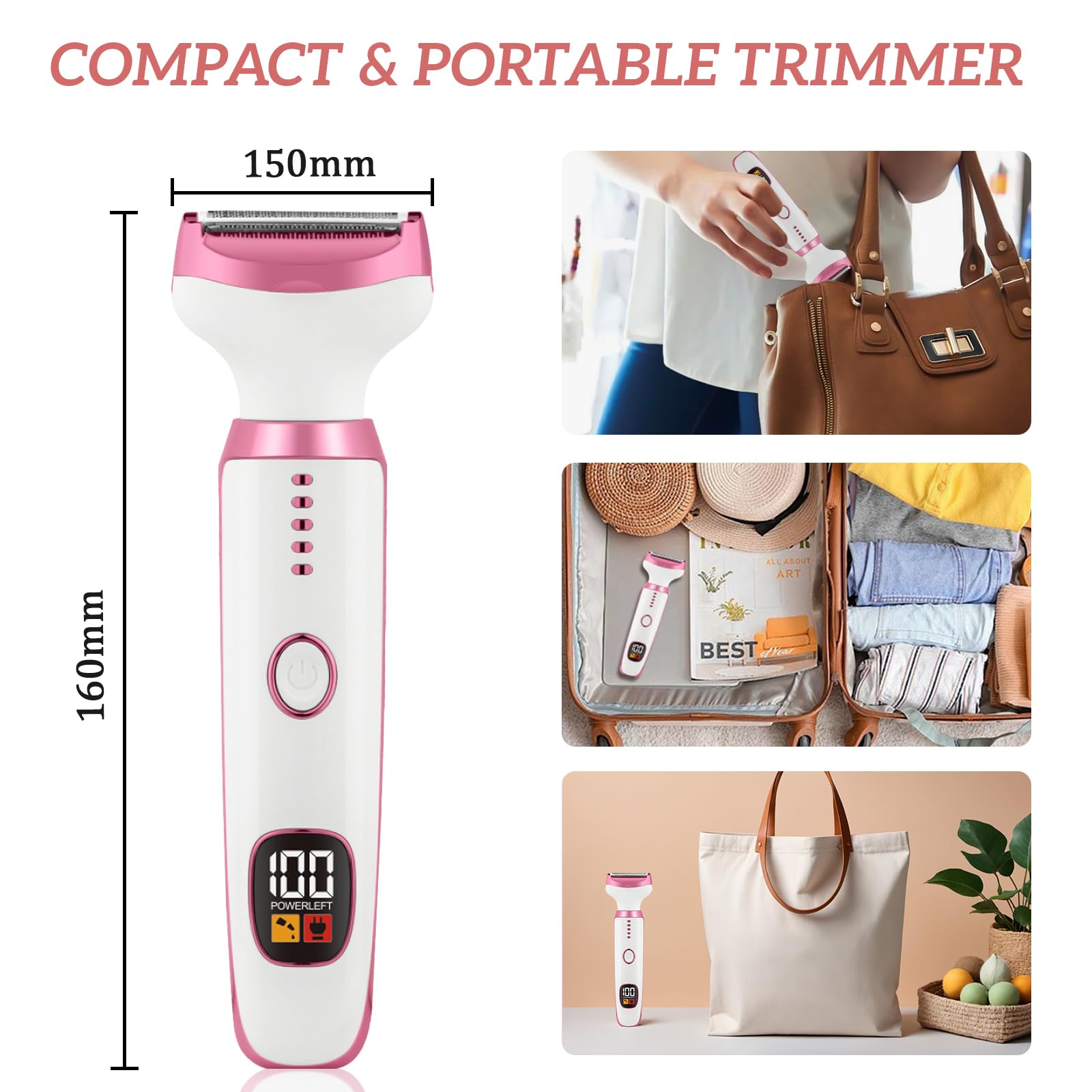 Rasoio Elettrico Donna, 5 in 1 Rasoio Elettrico Donna, Epilatore Intimo Donna, Utilizzo a Secco e Bagnato, per Bikini, Ascelle, Gambe, Sopracciglia e Naso, con Display LED, Ricarica USB