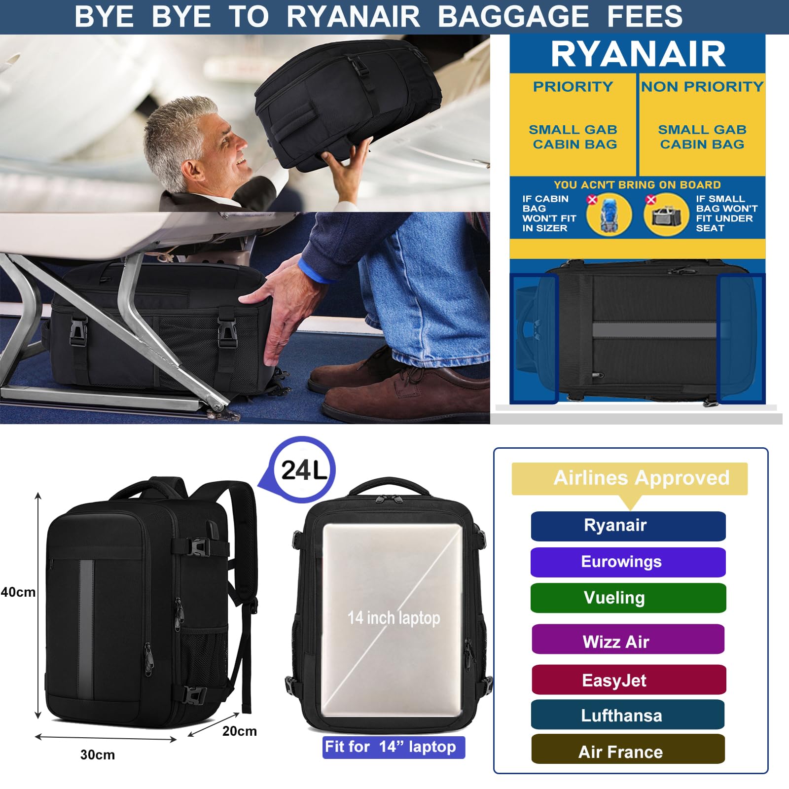 Zaino 40x30x20 per Ryanair Bagaglio a Mano per Wizzair Eurowings Zaino da Viaggio Aereo 24L Borsa da Cabina per Voli,14 Pollici Zaino Porta PC con Caricatore USB Zaino da Viaggio per Donna Uomo,Nero