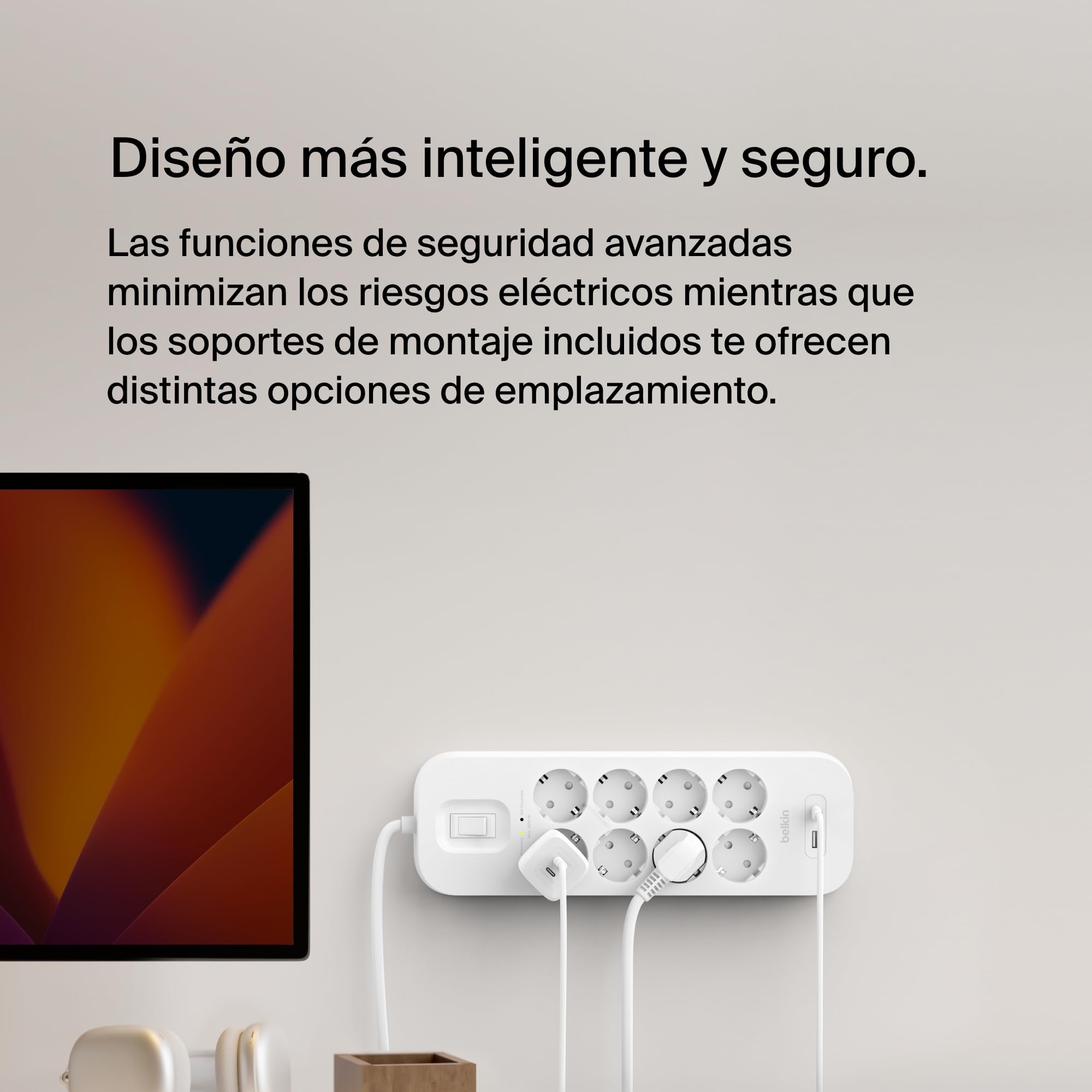 Belkin Regleta Enchufes Protección Sobretensiones 8 Tomas Puerto USB C y A | Ladrón Enchufes con 1 Puerto USB-C y 1 USB-A, Montaje en Pared, 8 Tomas CA, Cable de 2 m, 900 Julios y Luz de Estado