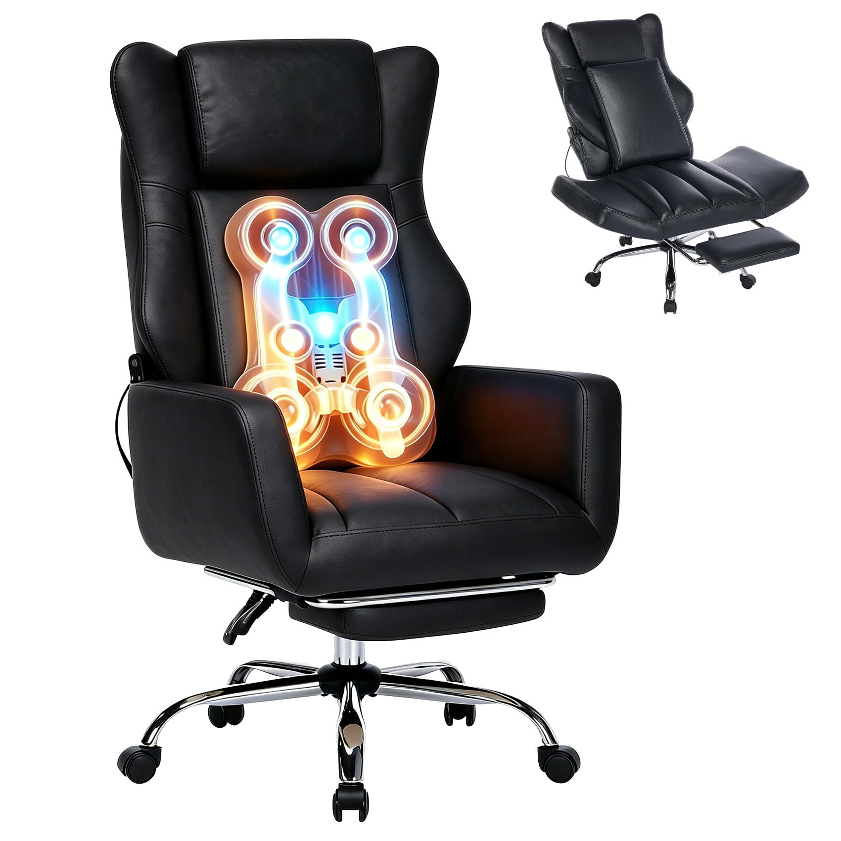 DYHOME Black Faux Leather Office Chair with 3D Kneading Massage High Back