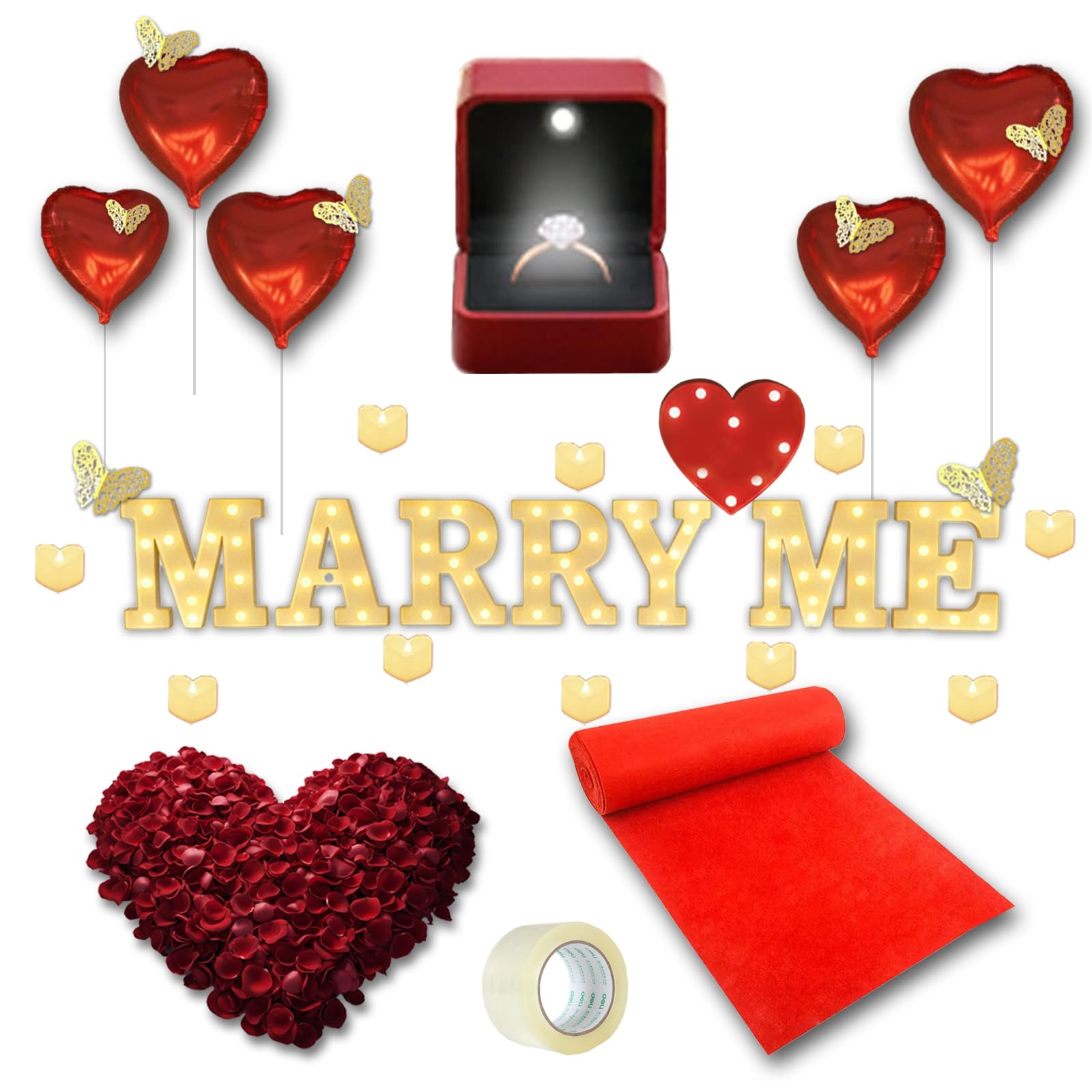 3051 Stück Deko-Set für den Heiratsantrag, Leuchtbuchstaben Marry Me Leuchtringbox, Herz Kerzen, Goldener Schmetterling, Rosenblätter, Roter Teppichläufer 5M, Herzballons, Rote Herzförmige Licht