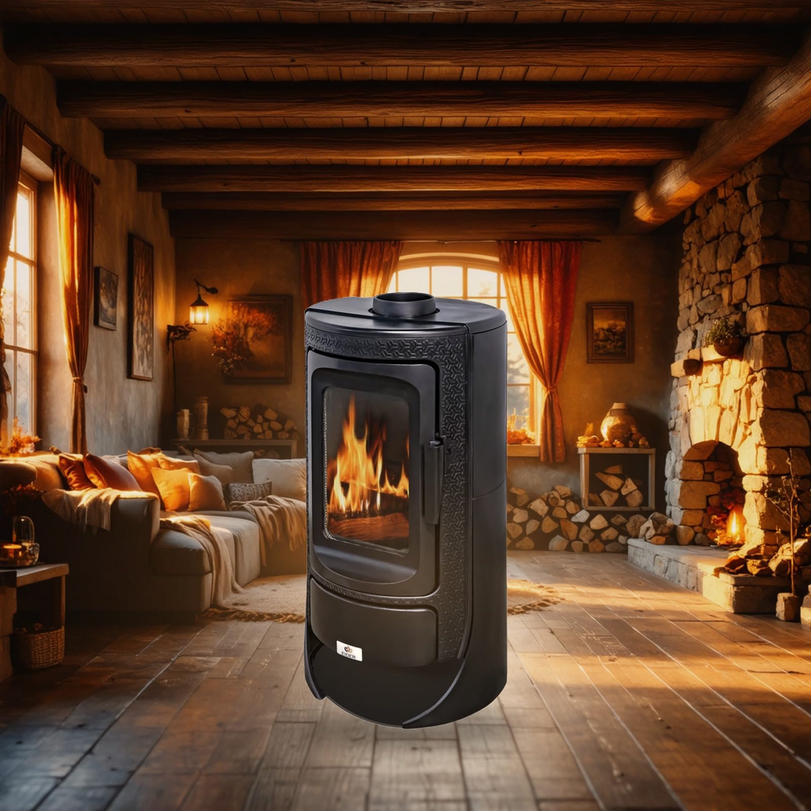 EIDER BIOMASA Estufa de Leña ALTAIR – 11,8 kW – Hierro Fundido – Doble Combustión – hasta 230 m³ – Cristal Panorámico – Calefacción Salón – Certificada CE