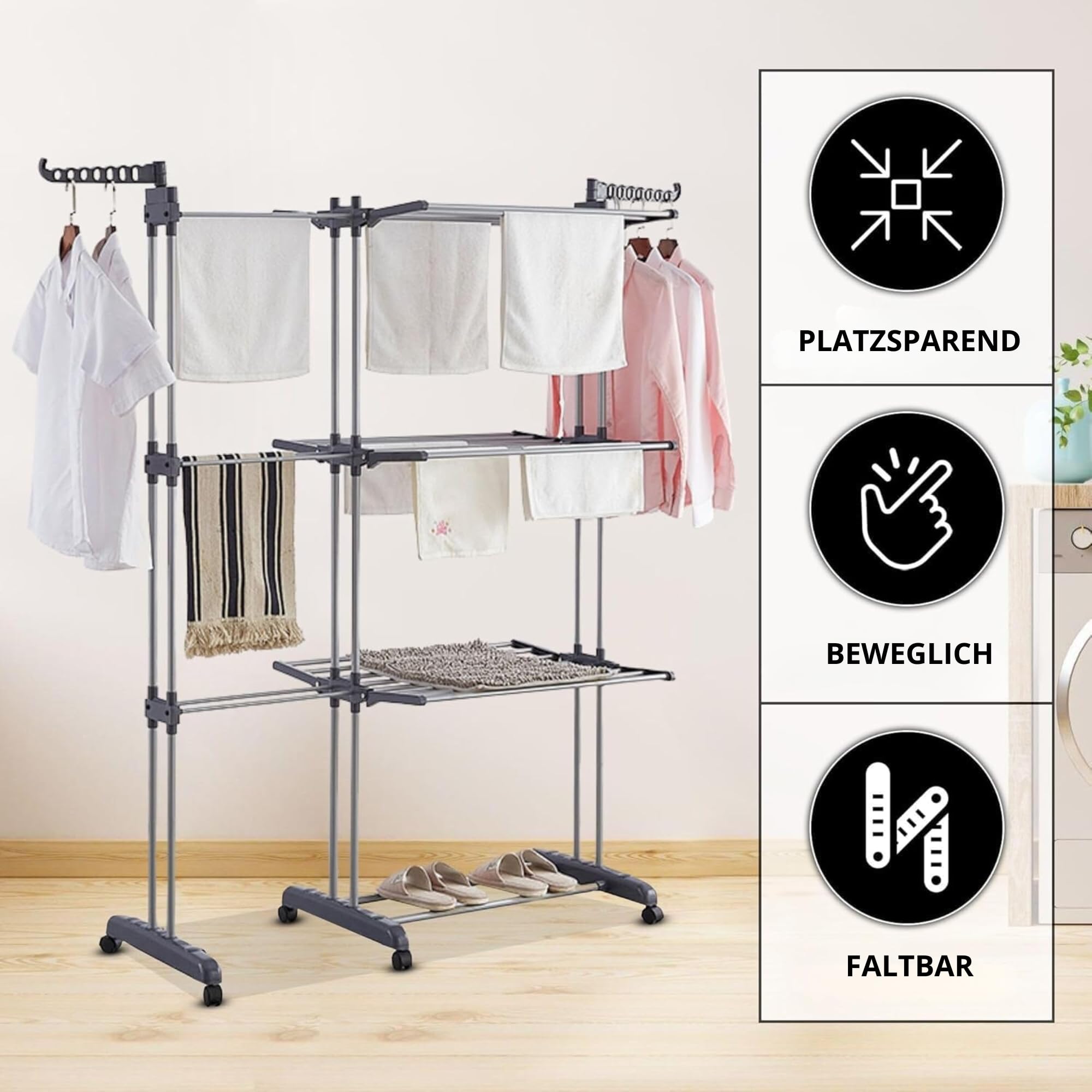 Vonia XL Doppel-Turm-Wäscheständer – 3-Stöckiger, Klappbarer Wäscheständer Für Drinnen Mit Rollen | 150 cm Ausziehbarer Wäscheständer & Kleiderstange | Hochbelastbare Wäscheleine – Grau