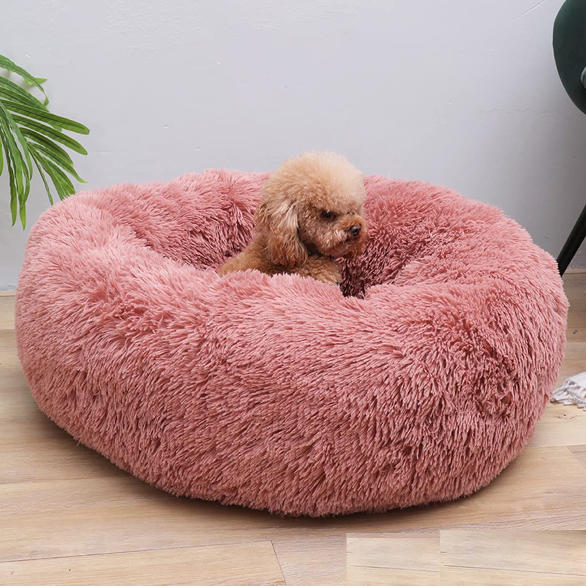Calming Dog Bed & Cat Bed, Anti-Anxiety Donut Warming Cozy Soft Dog Round Bed, Fluffy Faux Plush Dog Cat Cushion Bed for large Small Medium Dogs and Cats diameter16in