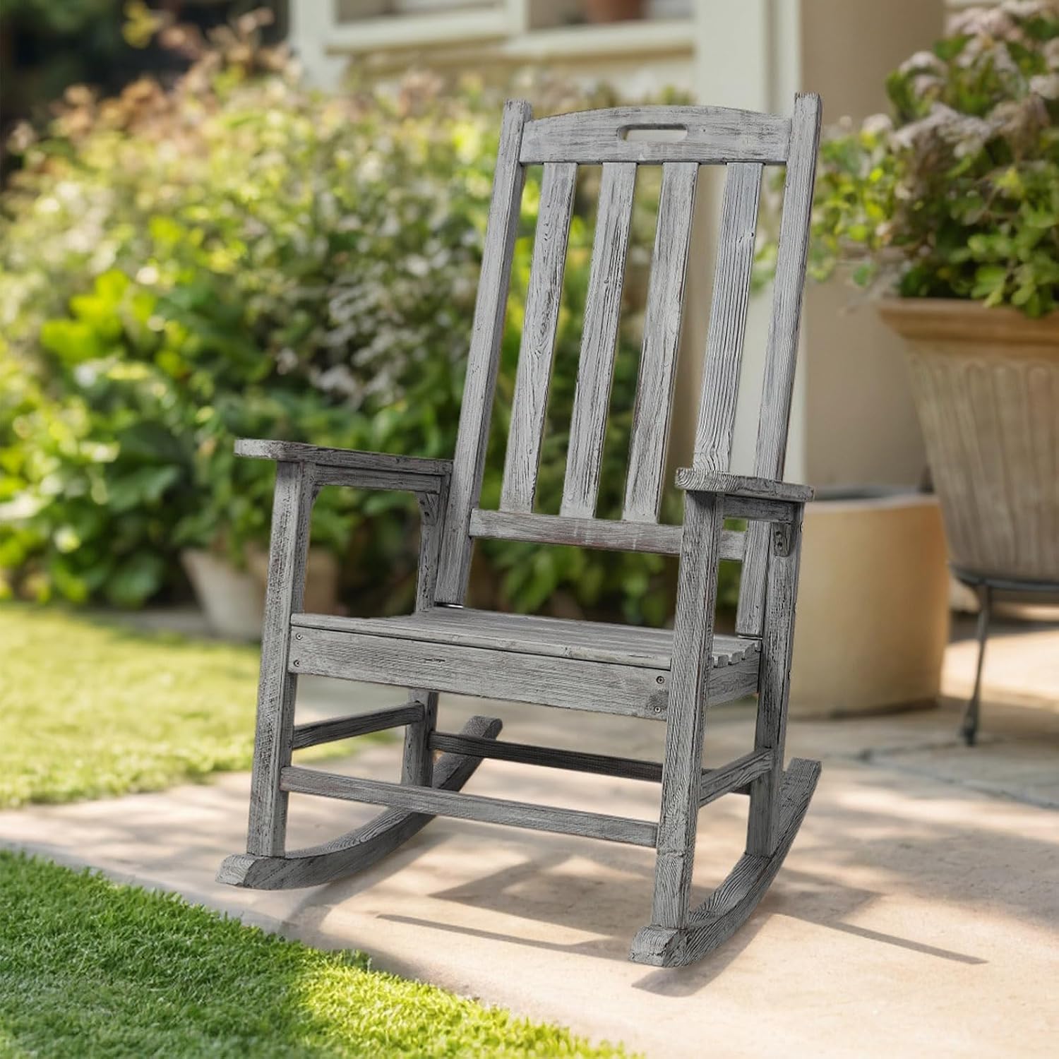 Wooden Rocking Chair Outdoor, Ergonomic High Back Patio Rocking Chairs, Porch Rocker for Backyard/Lawn/Patio/Garden/Balcony/FirePit/Indoor (Brown)