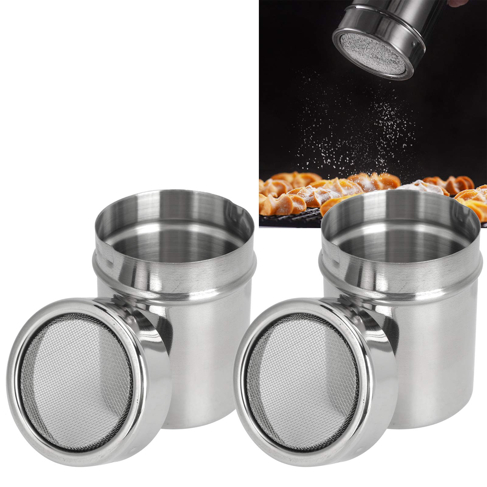 2Pcs Powder Shakers with Lids, Stainless Steel Powdered Sugar Shaker, Flour Sifter Sugar Dispenser Cinnamon Seasoning Shaker