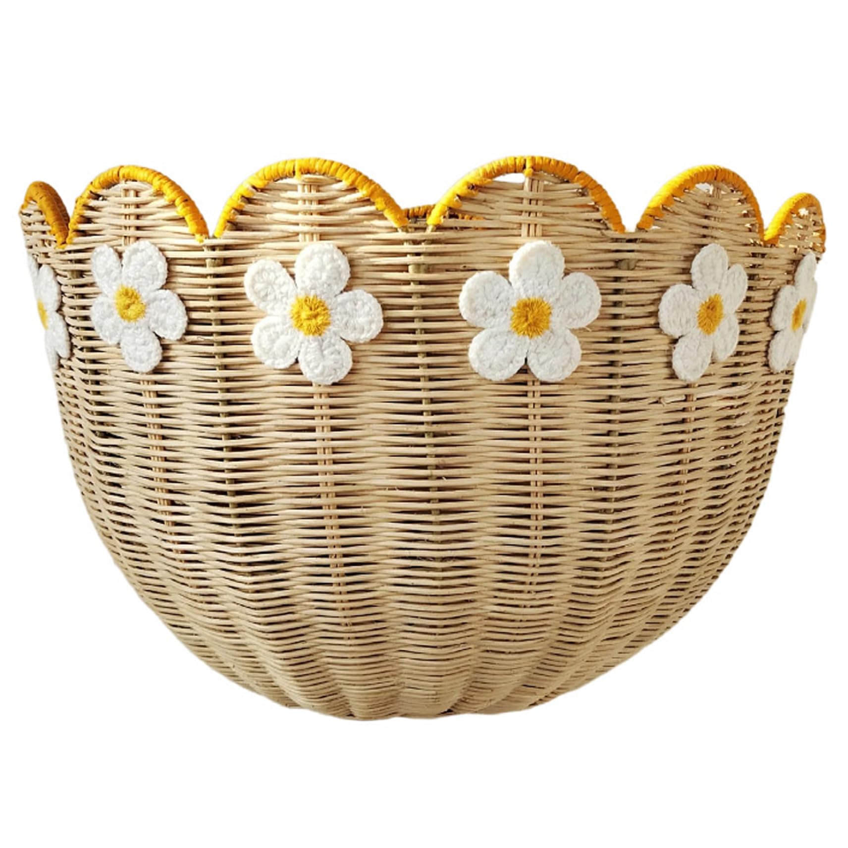 Temeemeg Scalloped Wall Basket Boho Woven Wall Baskets with Daisy Decor Hanging Wicker Basket for Storage, Home Decor, Bathroom