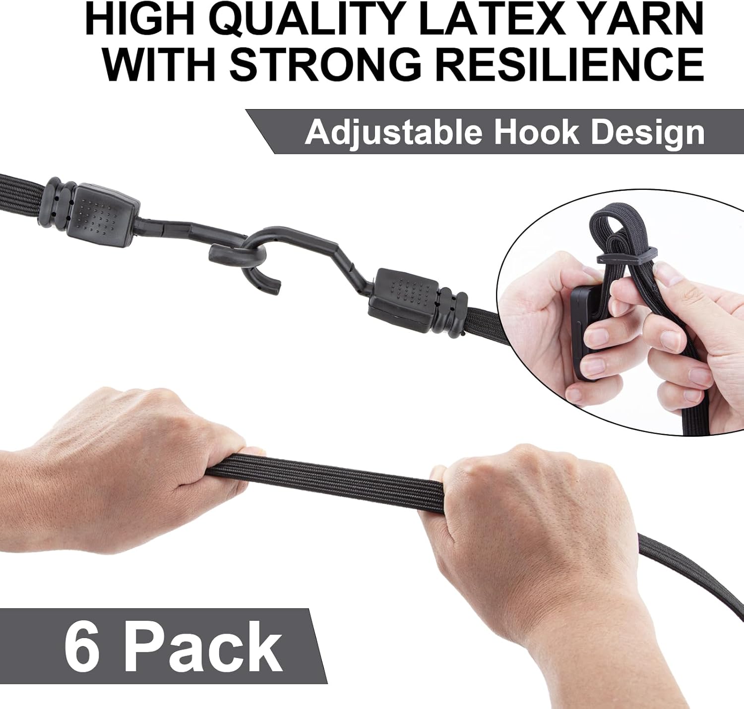Cartman 6 Pack Flat Adjustable Bungee Cords with Hooks 48 Inch Bungee Cords with Hooks, Rubber Bungee Straps for Outdoor, Camping, Tarps