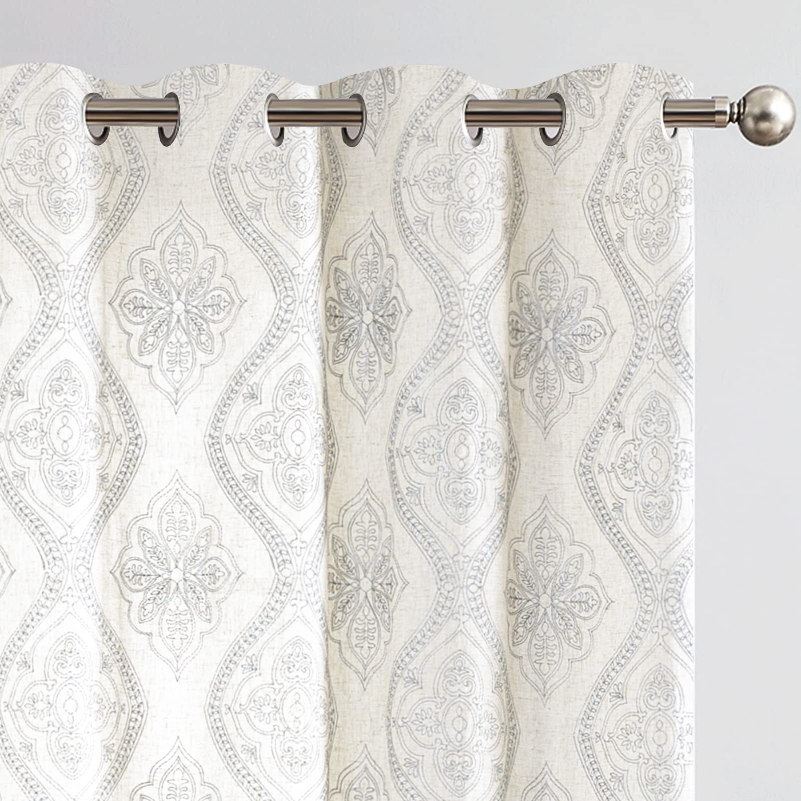jinchan Boho Linen Curtains for Living Room Embroidered Design Window Curtains Light Filtering Flax Linen Blend Window Treatments Set for Bedroom