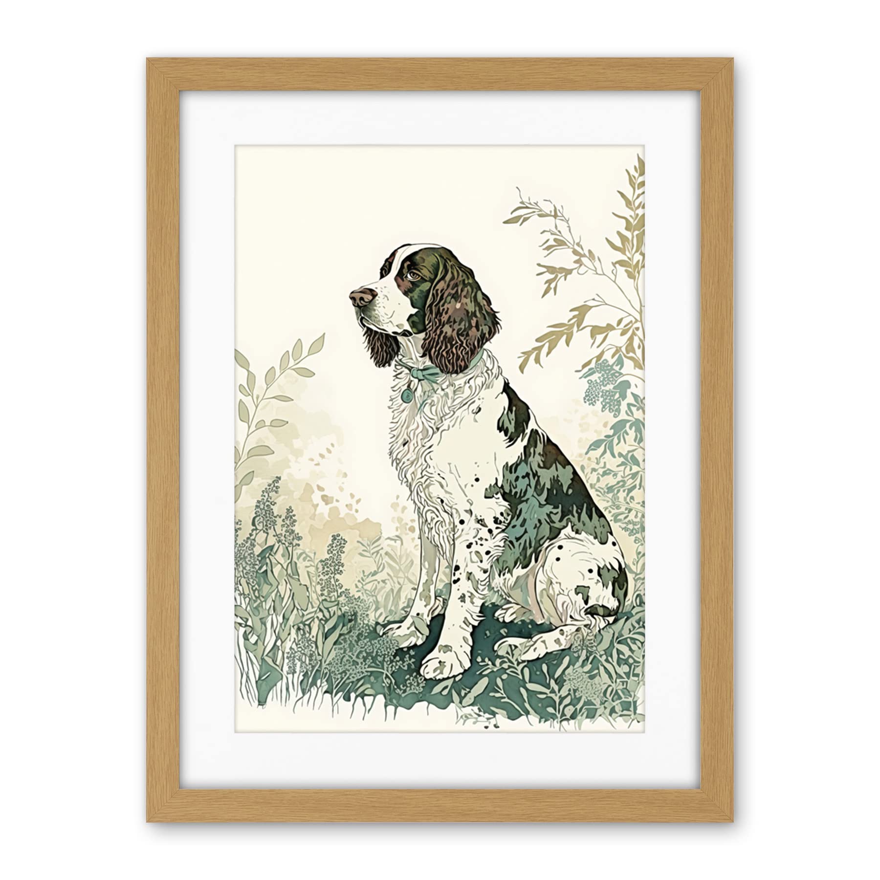 Artery8 English Springer Spaniel Dog in Field Modern Pastel Watercolour Illustration Artwork Framed Wall Art Print 18X24 Inch