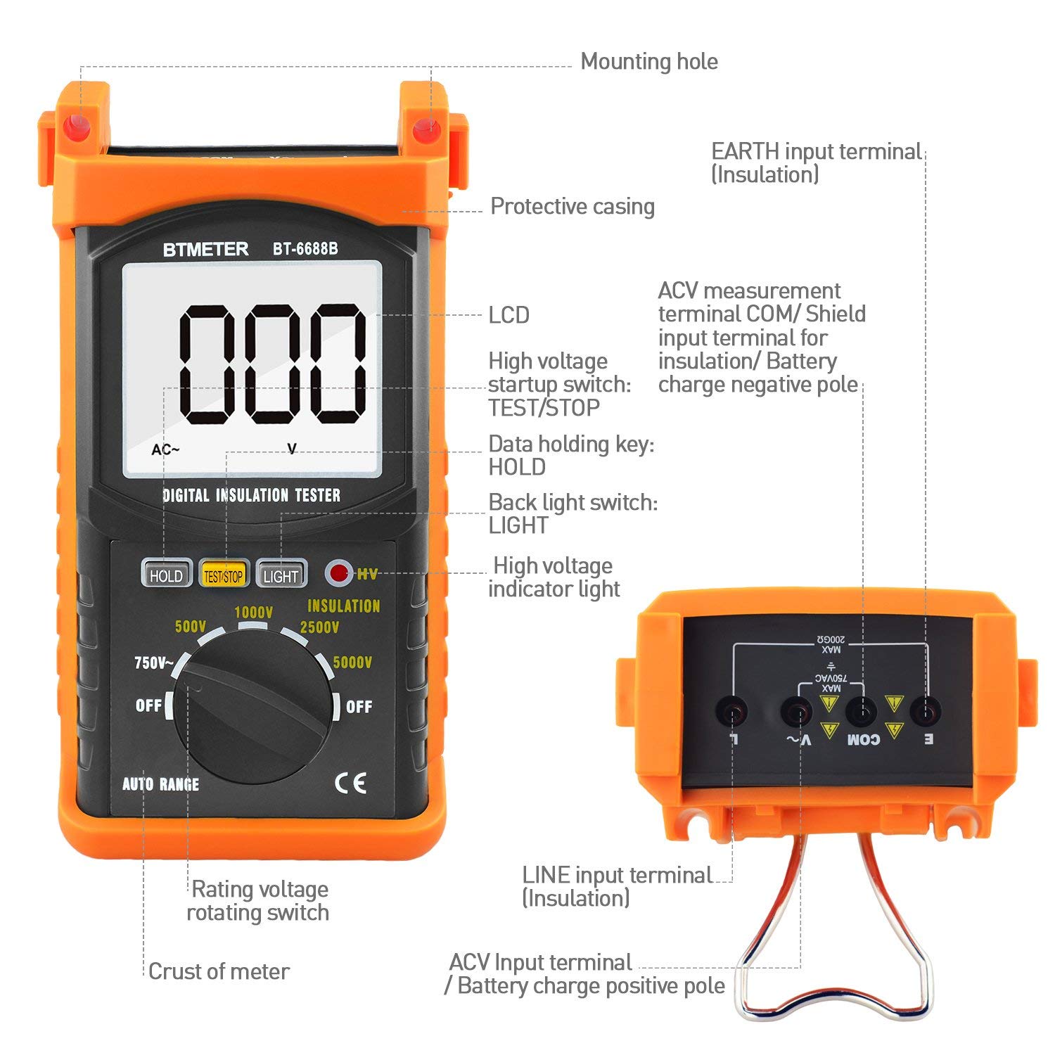 Testeur de Résistance D'isolement, AP-6688B LCD Numérique Megohmmeter avec Tension de Test Megohmmeter 5000V,Résistance D'isolement 200G ohms,Indication de Haute Tension