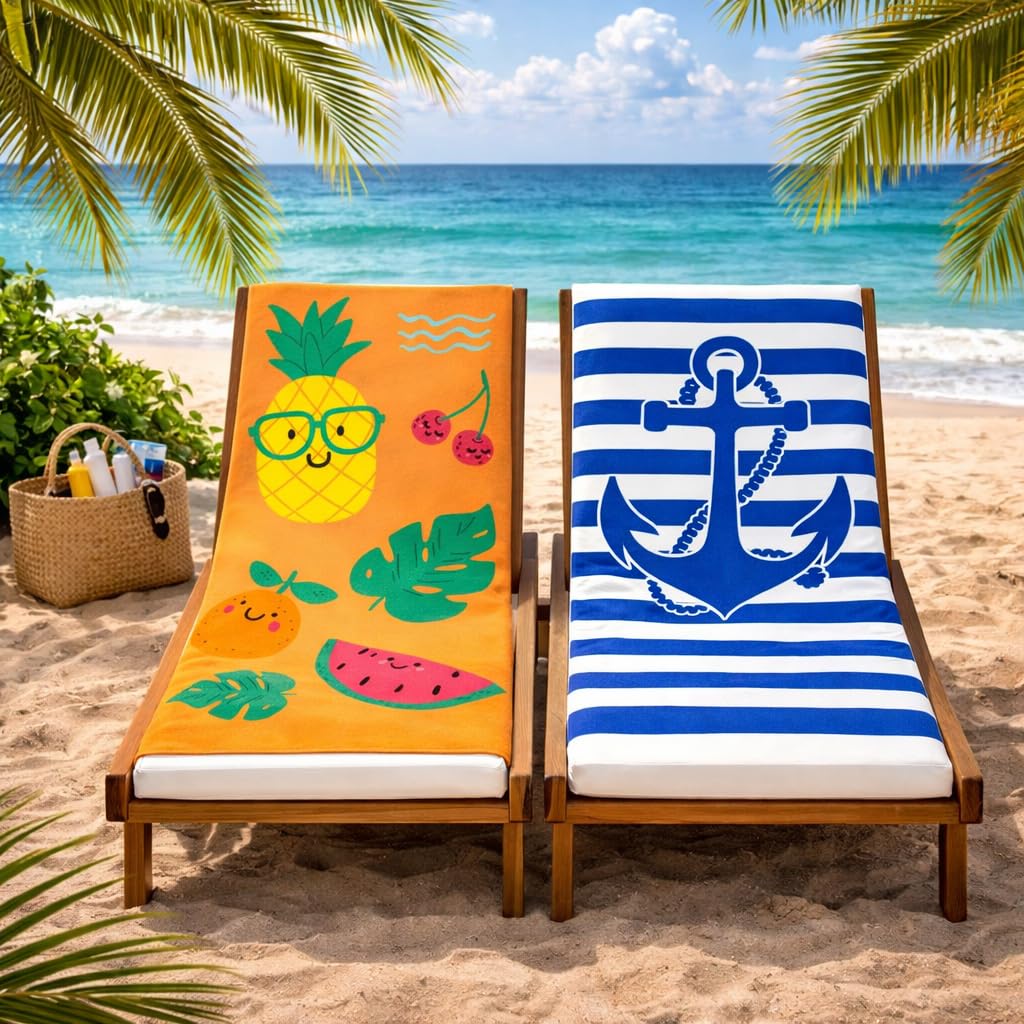 Adore 2 Pack Microfibre Beach Towels 70x140cm - Sand Free Lightweight Quick Dry - Soft Travel Towels for Beach and Pool, Anchor and Fun Fruits