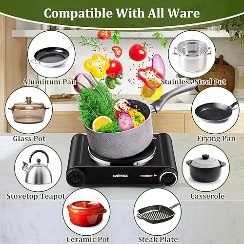Miniatura 4 de Cusimax Placa Caliente, Placa Caliente Eléctrica de 1500W con Quemador Individual de Encimera de Hierro Fundido de 7.4″, Quemador Superior de Estufa