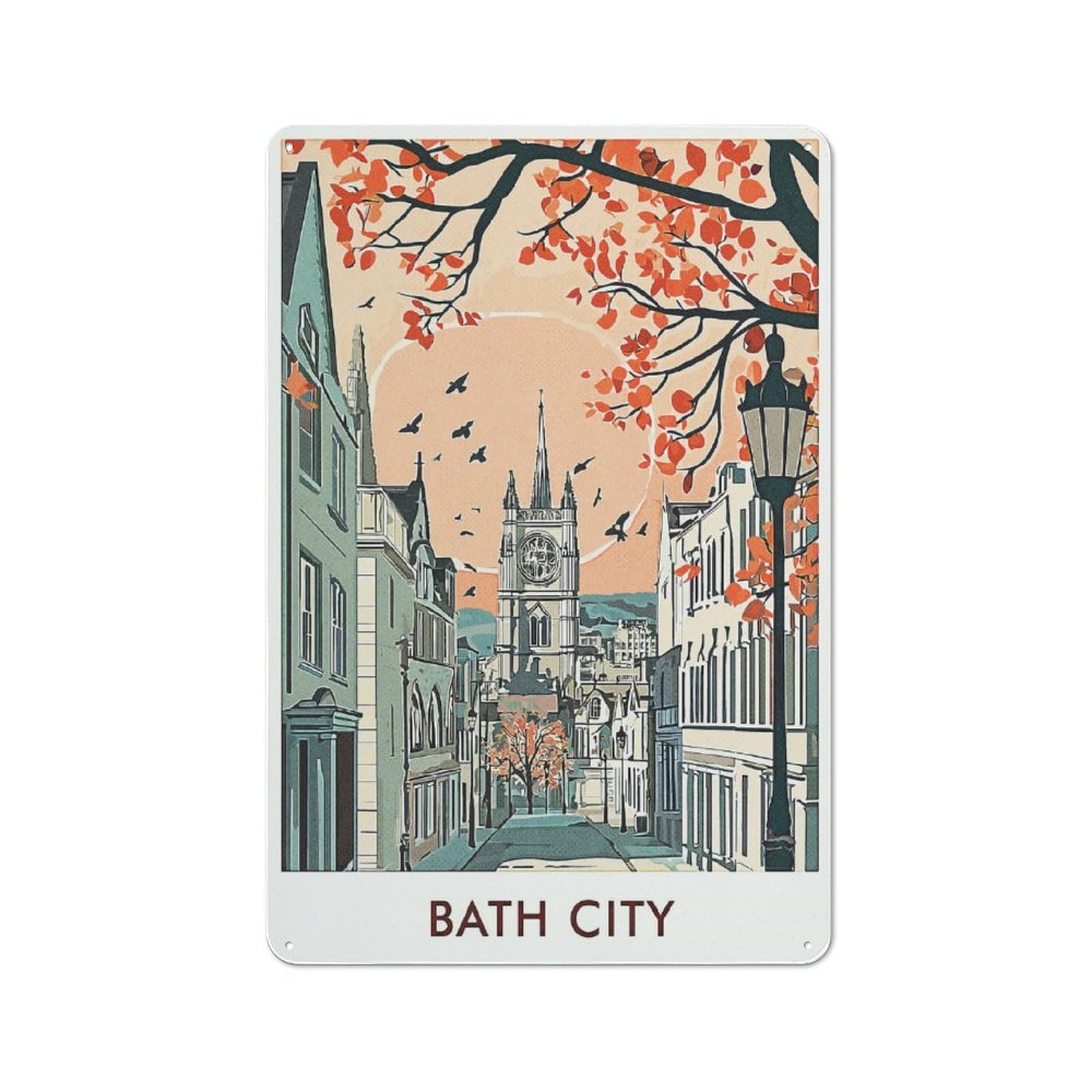 Retro Metal Wall Plaque 30x20cm Featuring Bath Cityscape Illustration, Room Wall Plaque for Hallway, Home Bar, Garage Or Study
